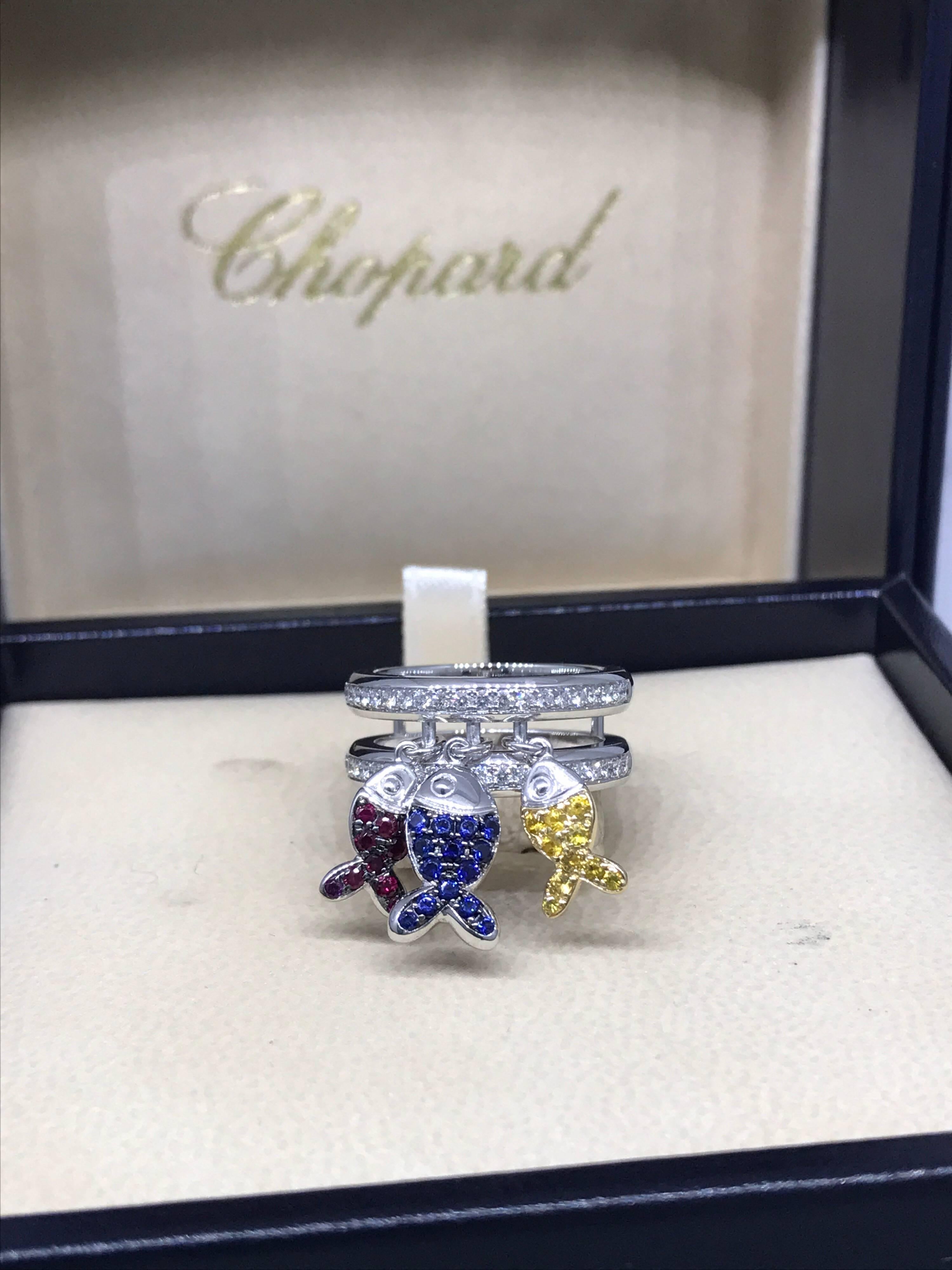 Chopard Happy Diamonds Fish Ring

Model Number: 82/4702-1107

100% Authentic

Brand New

Comes with original Chopard box, certificate of authenticity and warranty, and jewels manual

18 Karat White Gold (15.70gr)

40 Diamonds on the ring (.40