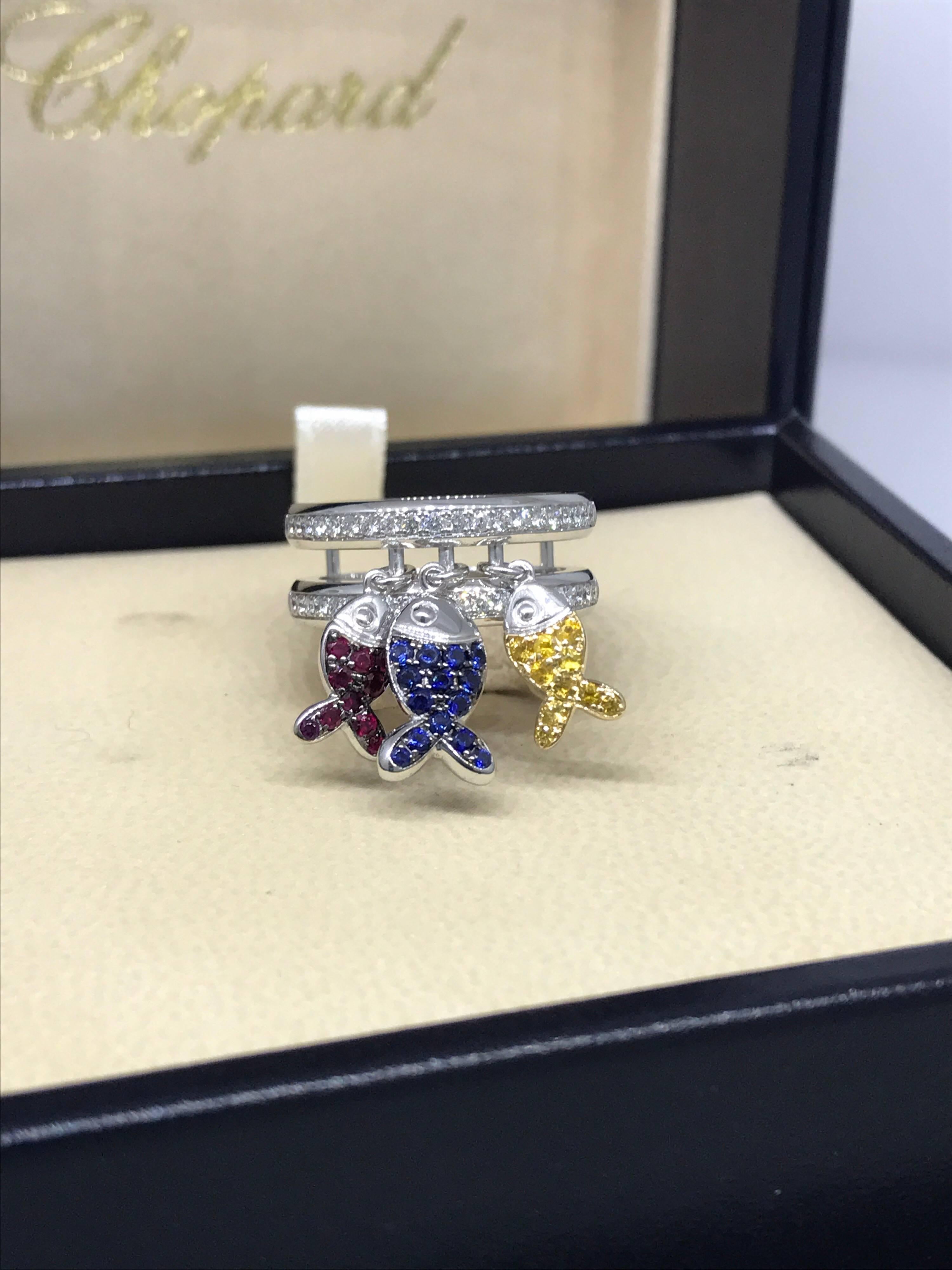 Women's Chopard 18 Karat White Gold Rubies Sapphires and Diamonds Fish Ring