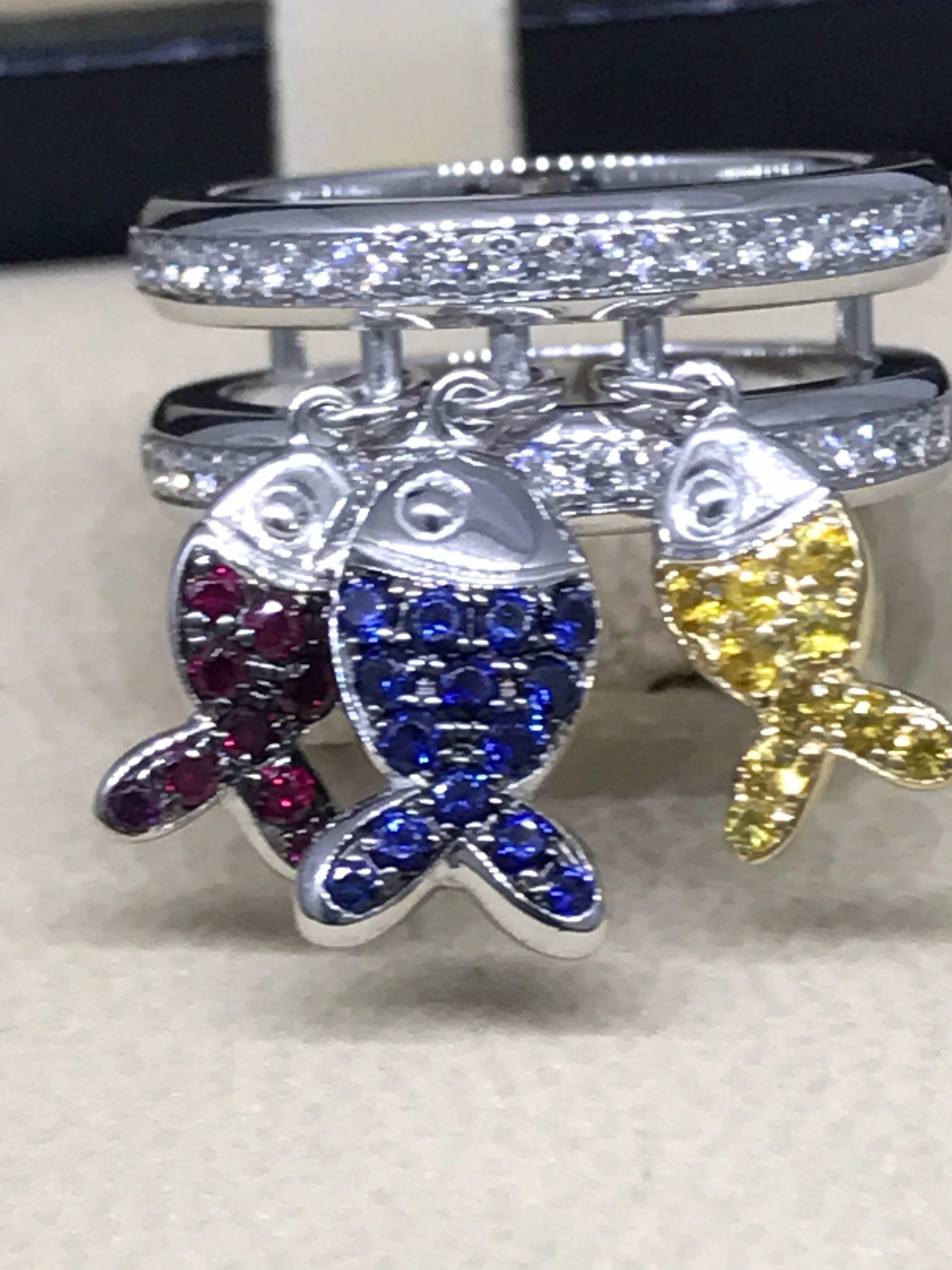 Chopard 18 Karat White Gold Rubies Sapphires and Diamonds Fish Ring 2