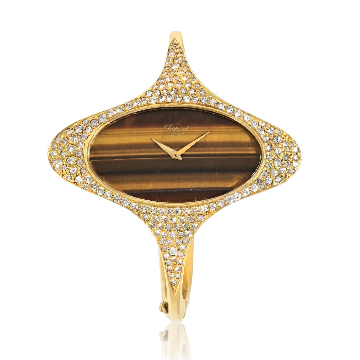 Modern Chopard 18K Yellow Gold 1970's Tiger Eye And Diamond Watch