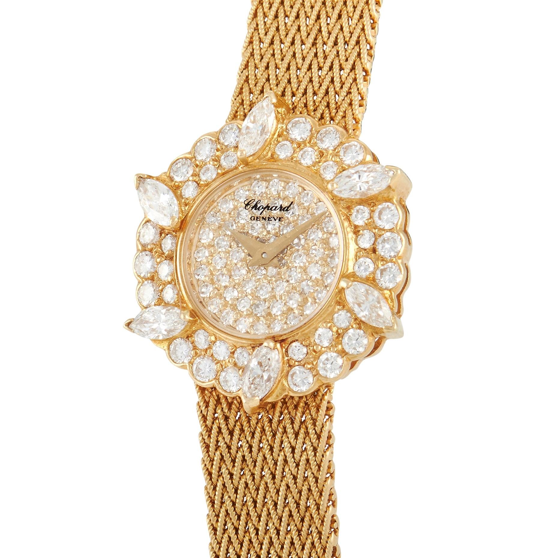Elegantly embodying Chopard's fine jewelry expertise is this diamond-encrusted timepiece with a floral motif. The Chopard 18K Yellow Gold Diamond Ladies Watch features a yellow gold case with a diamond-covered numberless face. Dauphine hands in