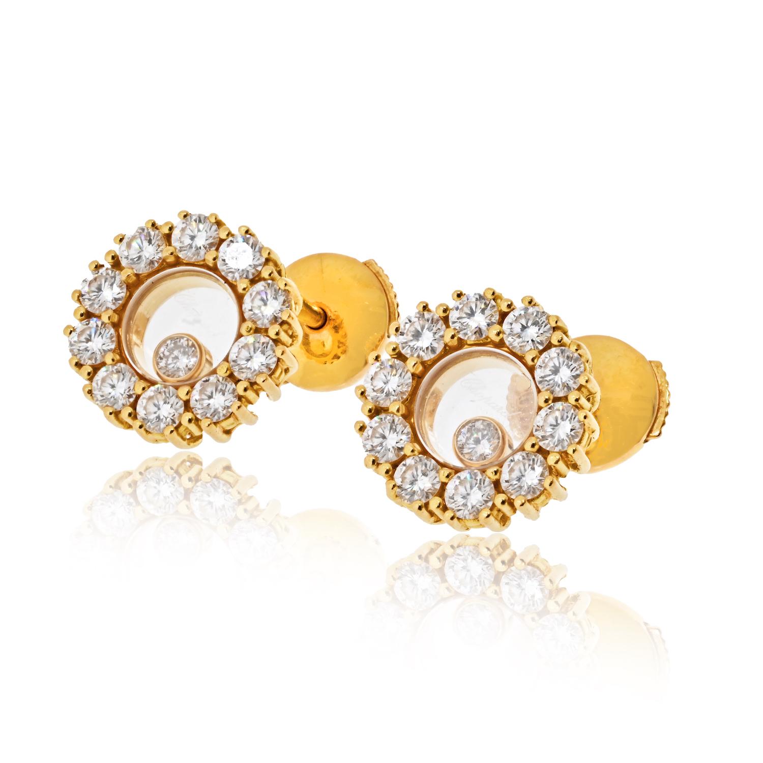 Modern Chopard 18K Yellow Gold Happy Diamond Round 1.20cttw Stud Earrings For Sale