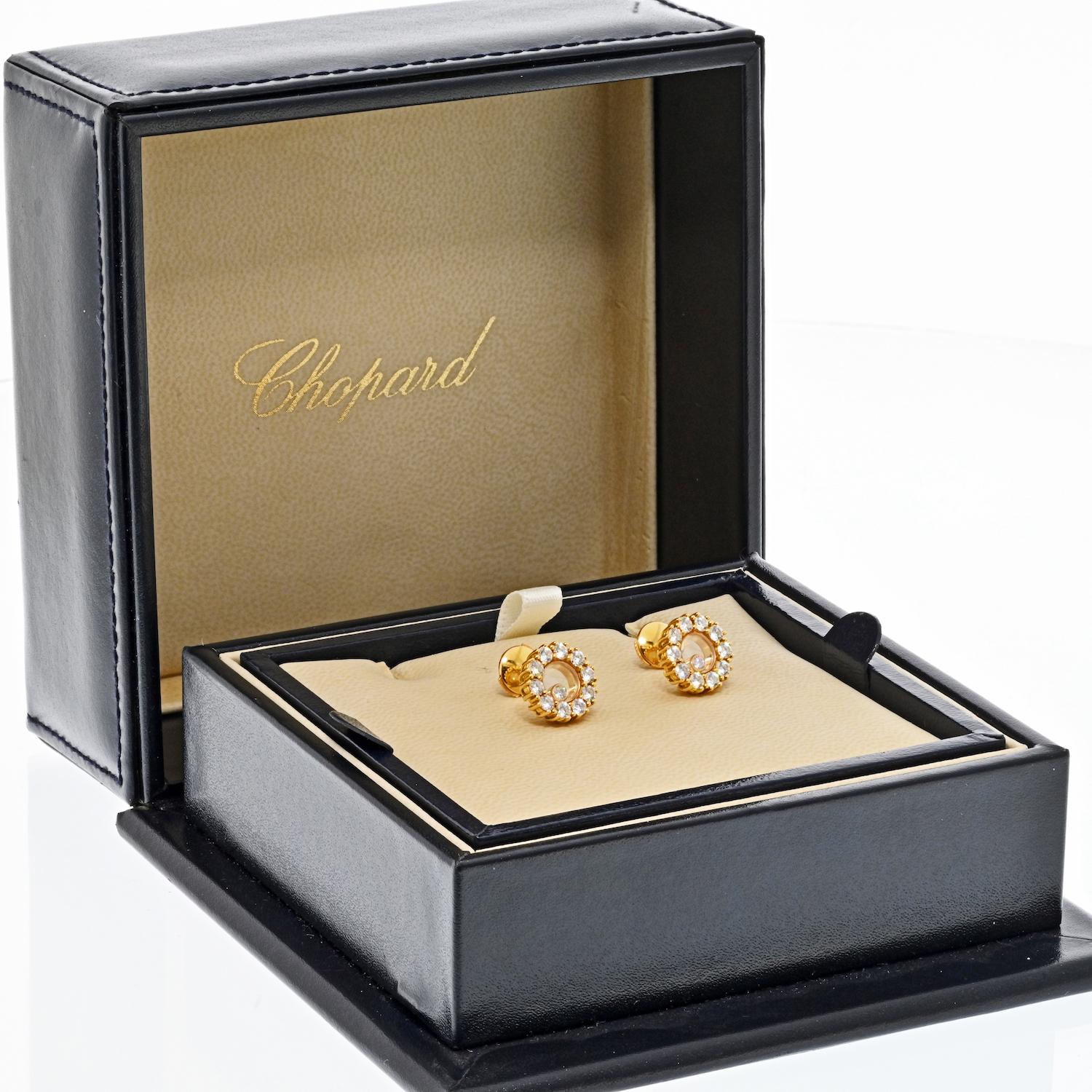 Women's Chopard 18K Yellow Gold Happy Diamond Round 1.20cttw Stud Earrings For Sale