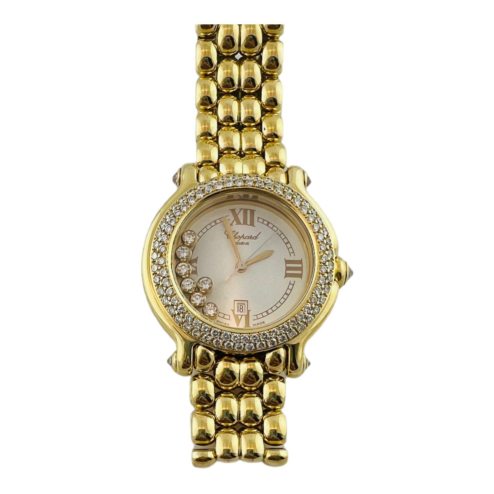 Chopard 18K Yellow Gold Happy Sport Ladies Watch

Model: 4144
Serial: 472192

This classic luxury Chopard watch is set in 18K yellow gold

Case is 32mm in diameter

Double row of diamonds on bezel. 7 floating diamonds set in gold in case. Diamonds