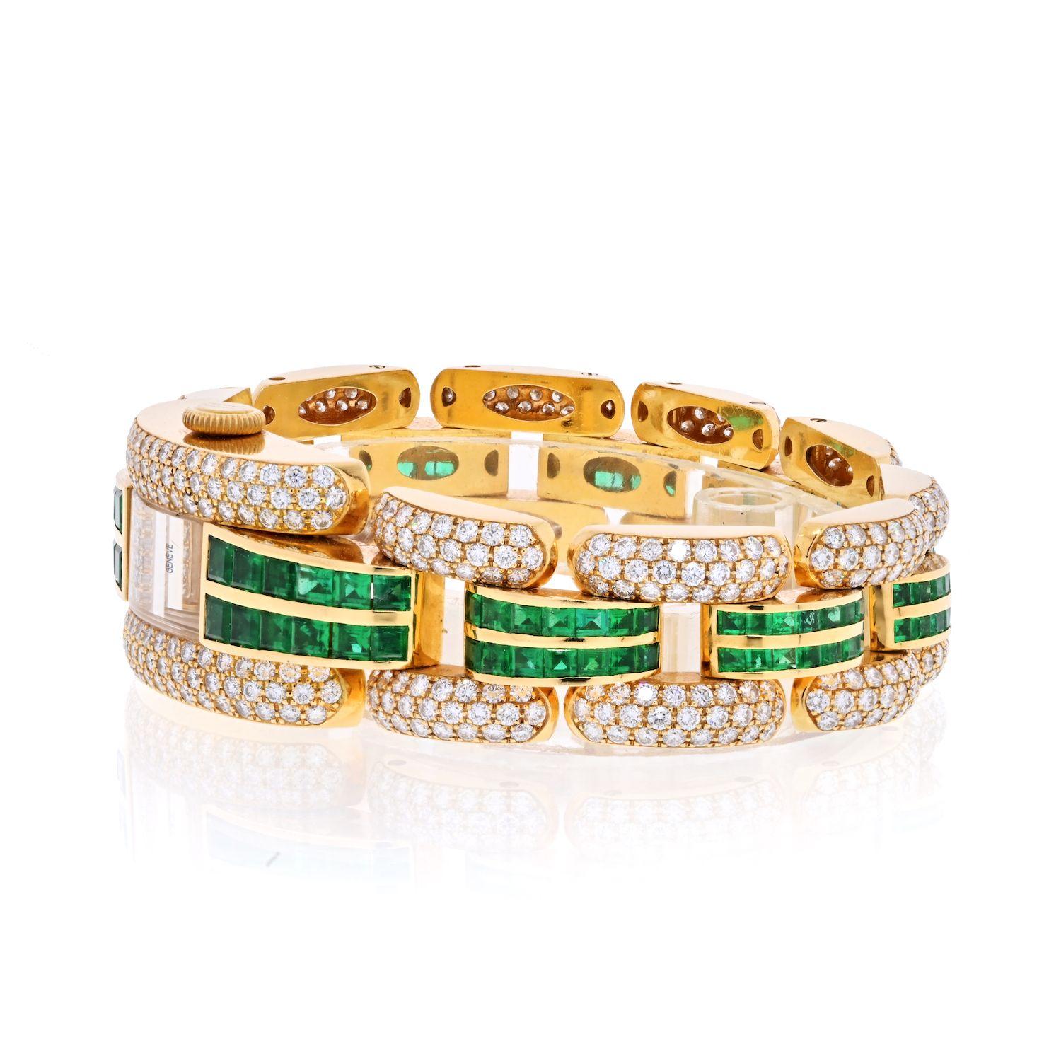 Chopard 18K Yellow Gold La Strada Diamond And Green Emerald Ladies Wrist Watch.
Dial: pavé-set 
Calibre: mechanical, jeweled
Case: 18k yellow gold, case back secured by 4 screws
Case number: 475241
Closure: 18k yellow gold bracelet and clasp, wrist
