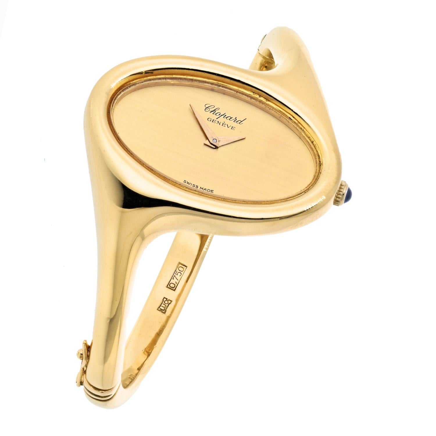 Chopard 18 Karat Gelbgold gedrehter Armreif 1970er Jahre Oval Zifferblatt Ref. 5053 Uhr (Moderne)