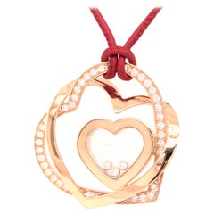 Chopard 18KT Rose Gold Happy Diamond Interlocking Heart Pendant Red Leather Rope