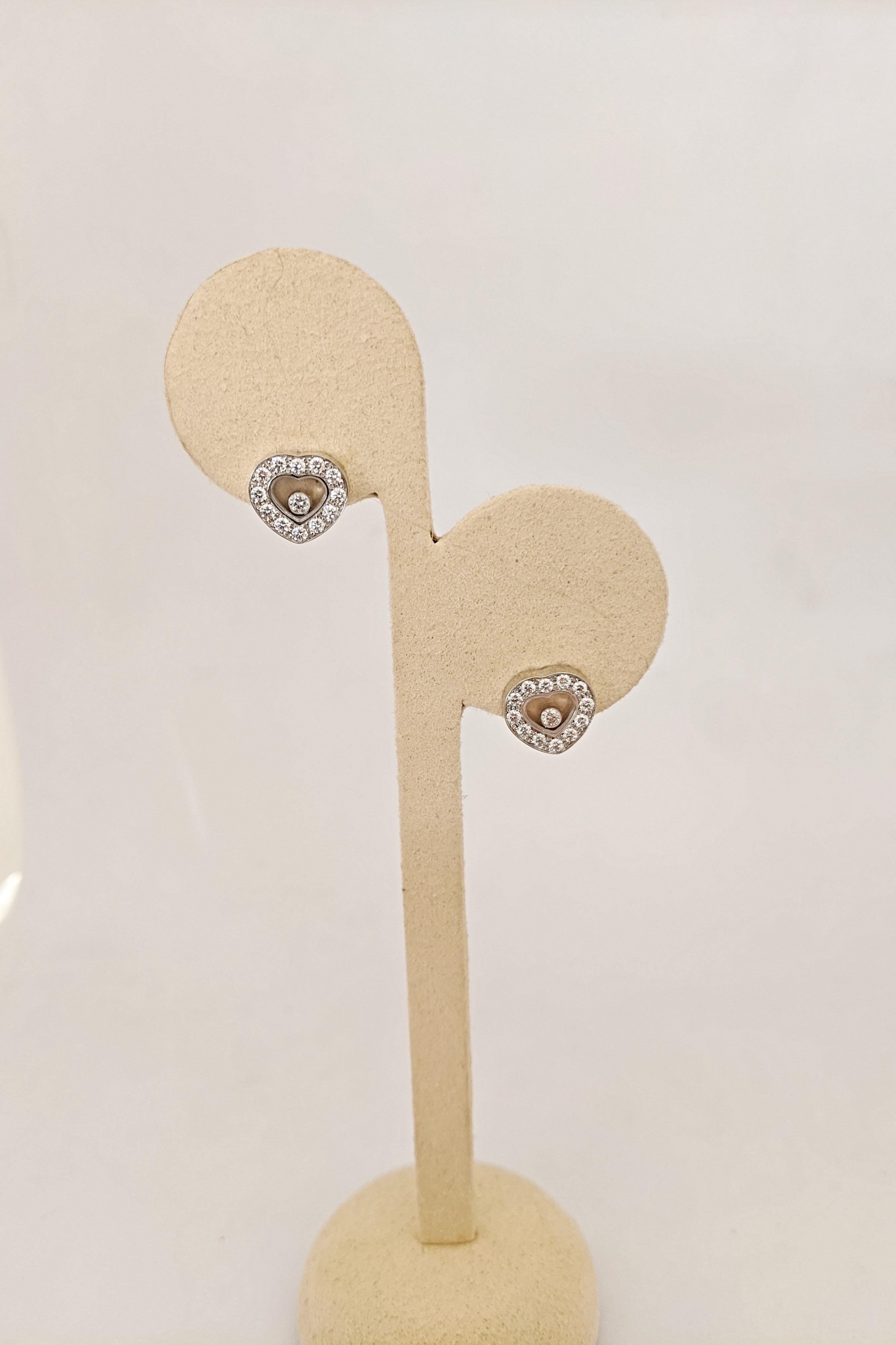 Round Cut Chopard 18 Karat Gold Diamond Heart Stud Earrings with Single Floating Diamond For Sale