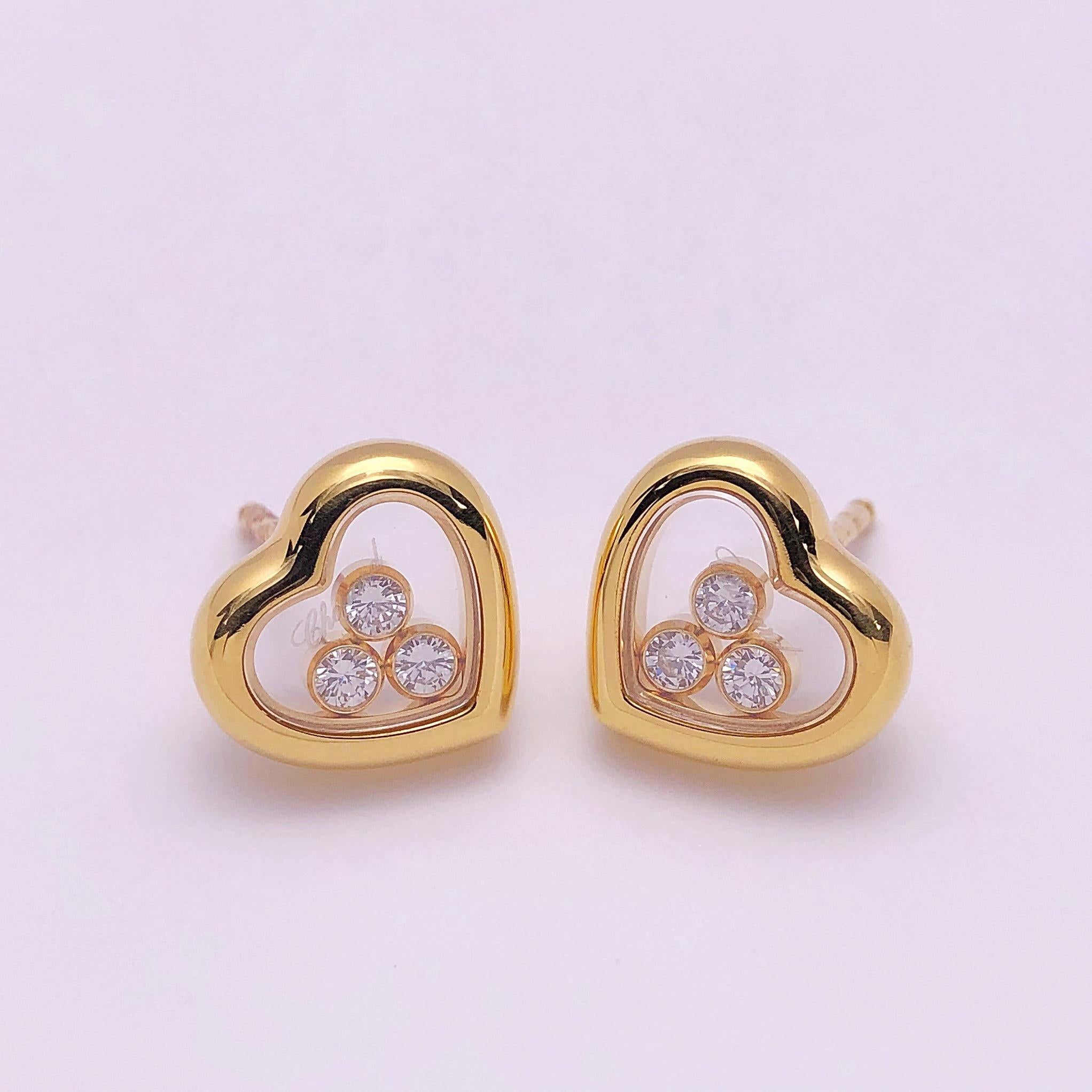 Round Cut Chopard 18 Karat Gold Happy Diamond Heart Earrings with 3 Floating Diamonds