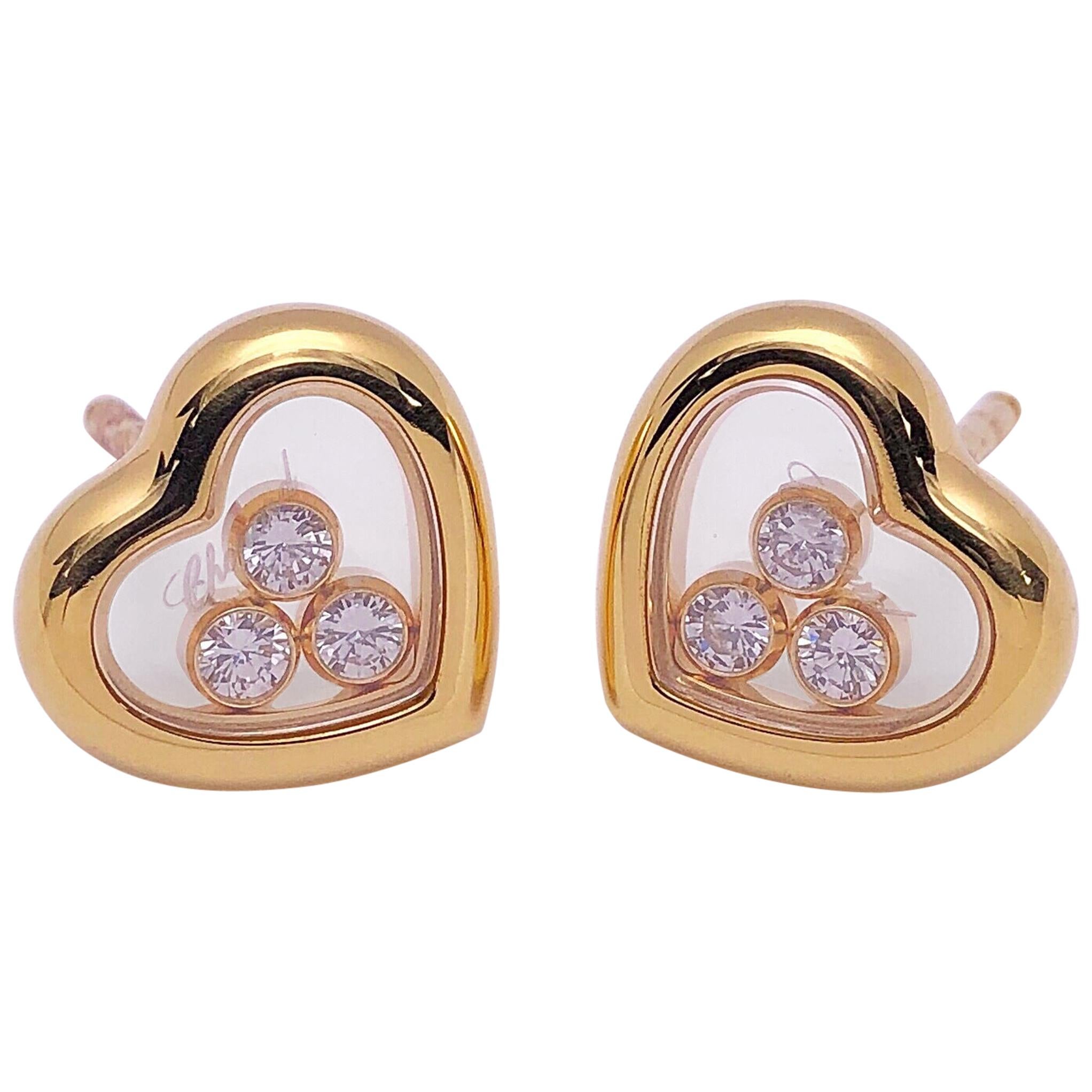 Chopard 18 Karat Gold Happy Diamond Heart Earrings with 3 Floating Diamonds