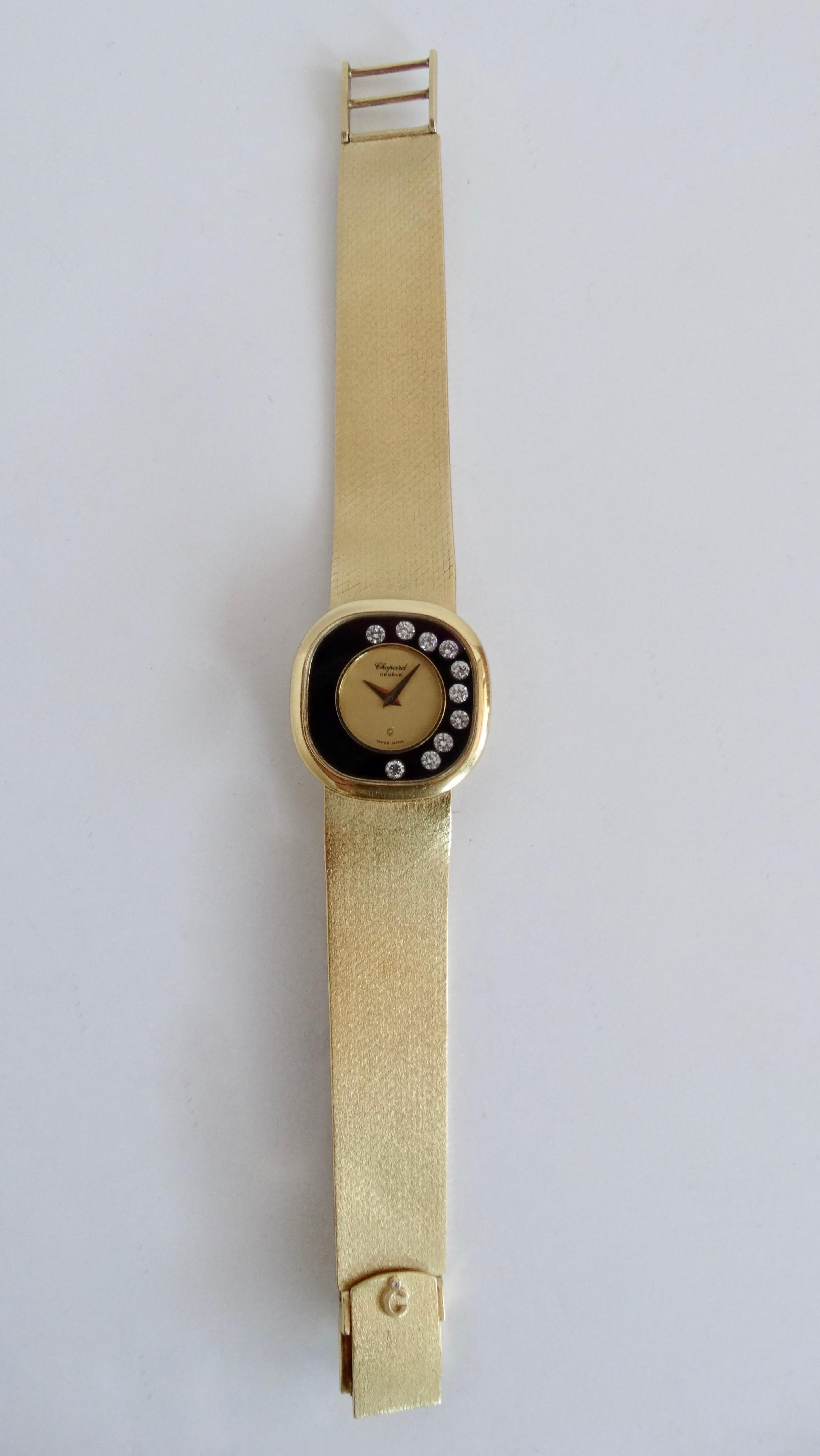 Add some sparkle to your jewelry collection with this 1980s Chopard watch! Circa 1976, the Happy Diamonds watch was debuted after Ronald Kurowski, a designer at Chopard, was inspired by a waterfall. Swiss made and crafted from 18K yellow gold, the