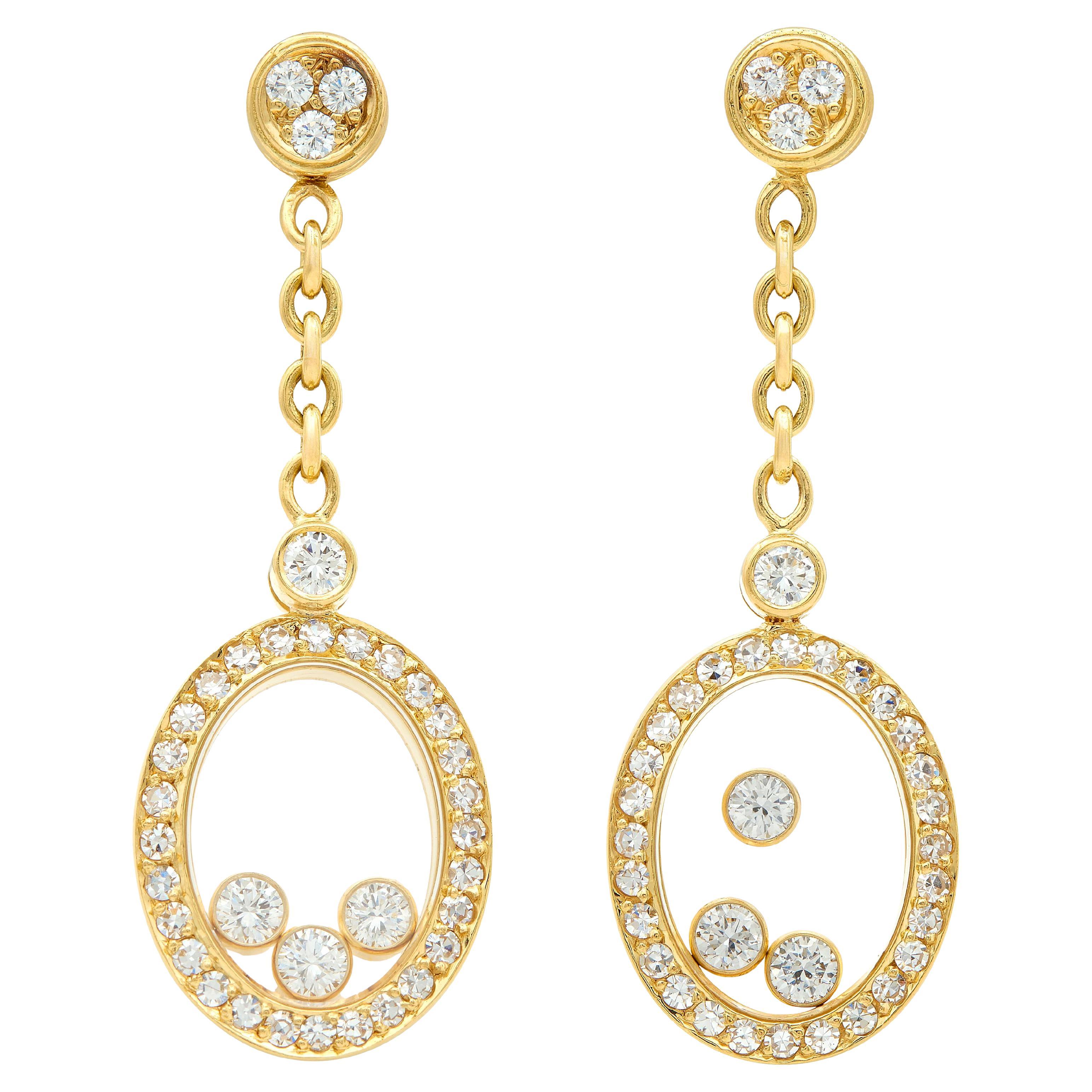Chopard 2000 1.00 CTW Diamond 18 Karat Yellow Gold Happy Diamonds Drop Earrings en venta