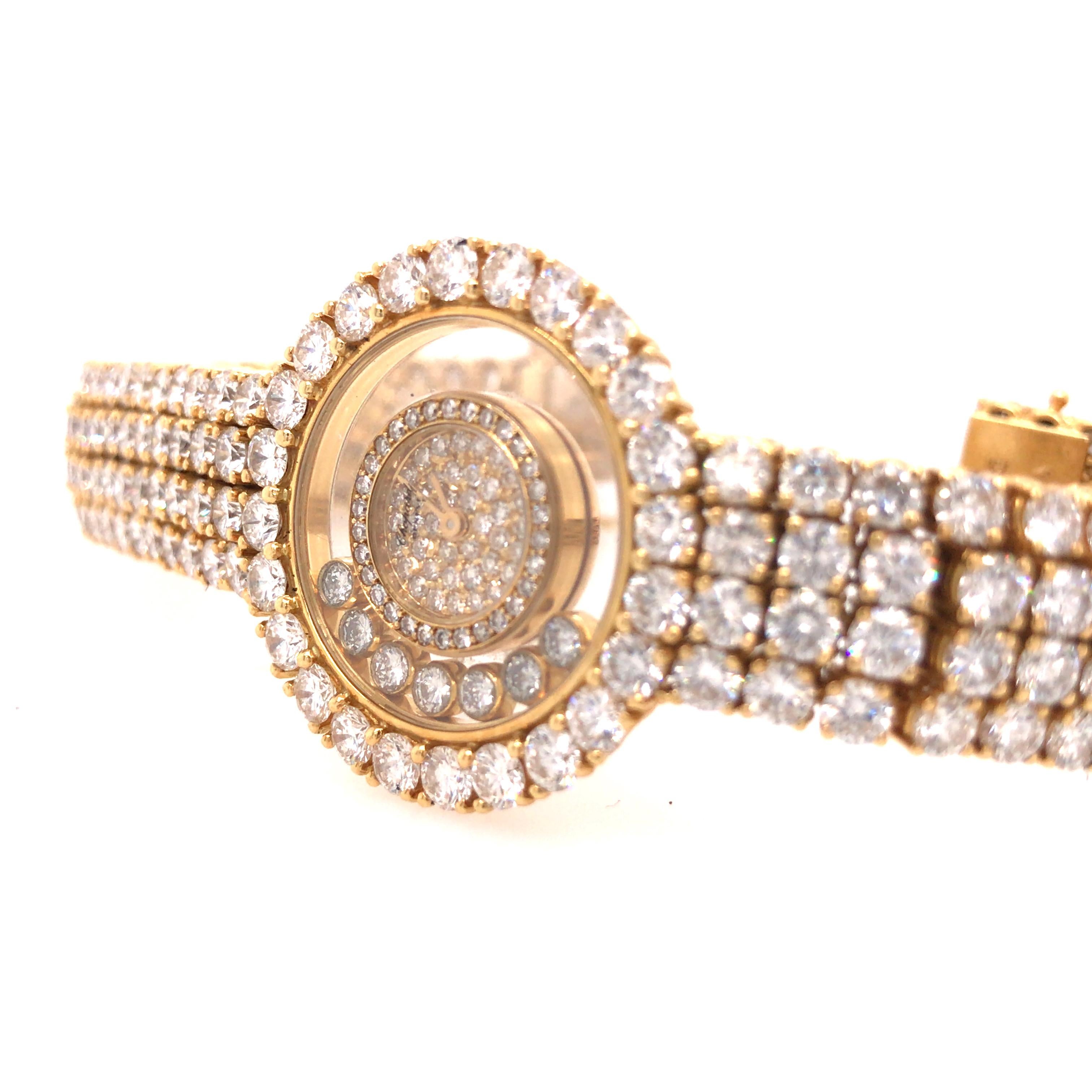 Round Cut Chopard 24 Carat Happy Diamond Watch 18K Yellow Gold For Sale