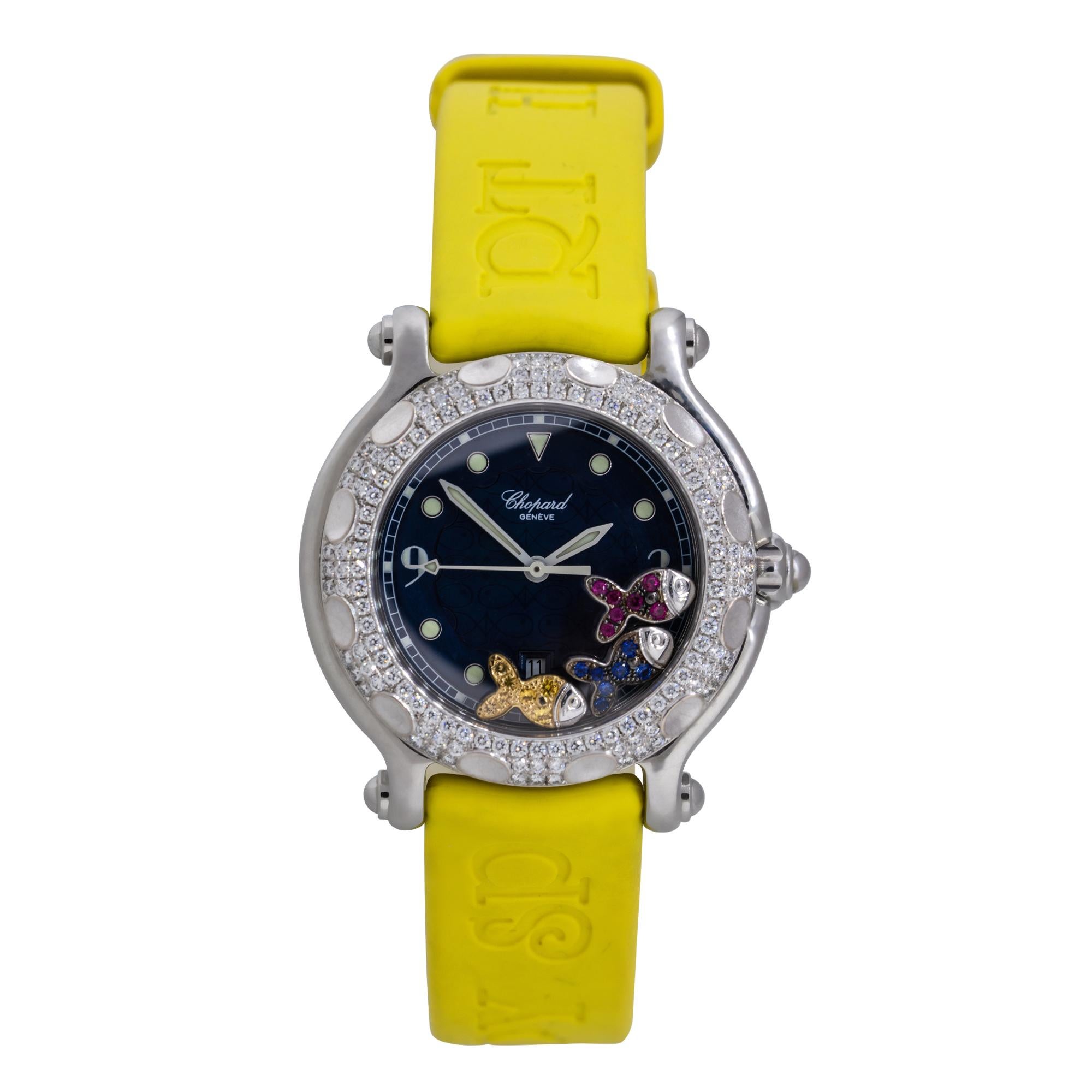 Brand: Chopard
MPN: 27/8922
Model: Happy Sport, Happy Beach
Case Material: Stainless Steel
Case Diameter: 33mm
Crystal: Scratch Resistant Sapphire
Bezel: Stainless steel Diamond bezel
Dial: Marine blue fish textured dial with red, yellow & blue