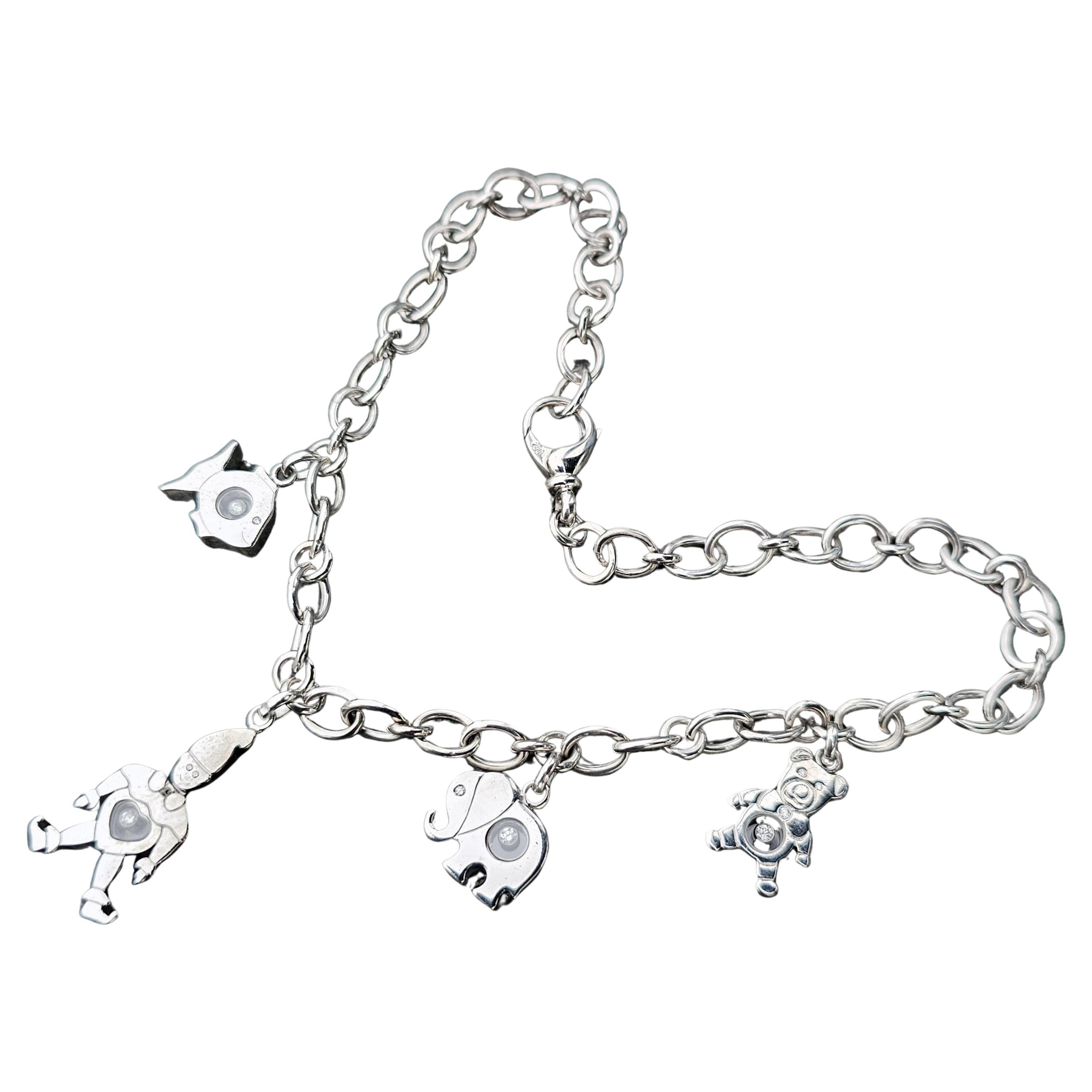 Chopard 4 Charm Bracelet Teddy Elephant Clown Fish Happy Diamond 18k White Gold