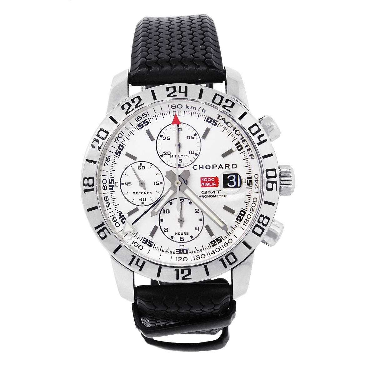 Brand: Chopard
MPN: 8992
Model: Mille Miglia GMT
Case Material: Stainless Steel
Case Diameter: 42mm
Crystal: Scratch resistant sapphire
Bezel: stainless steel fixed bezel
Dial: White dial with three sub dials. Date is displayed at 3 o’