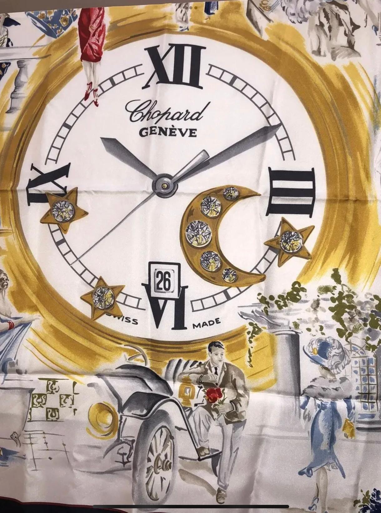 Chopard Geneva Silk Scarf Daily People & Cars Art W/ Gold Chopard Watch Face was a Concours d’Elegance Promo item and is New in Box

Made in Italy 100% Silk

90cm Square Scarf. New in Box

Foxy Couture is not an authorized reseller nor affiliated