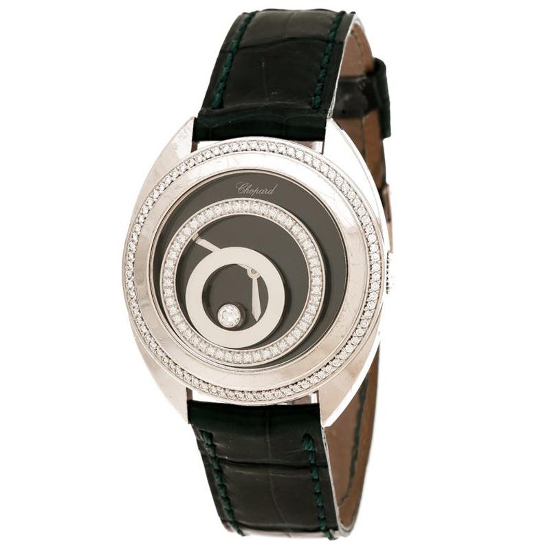 Chopard Black 18K White Gold Diamonds Happy Spirit Women's Wristwatch 32 mm