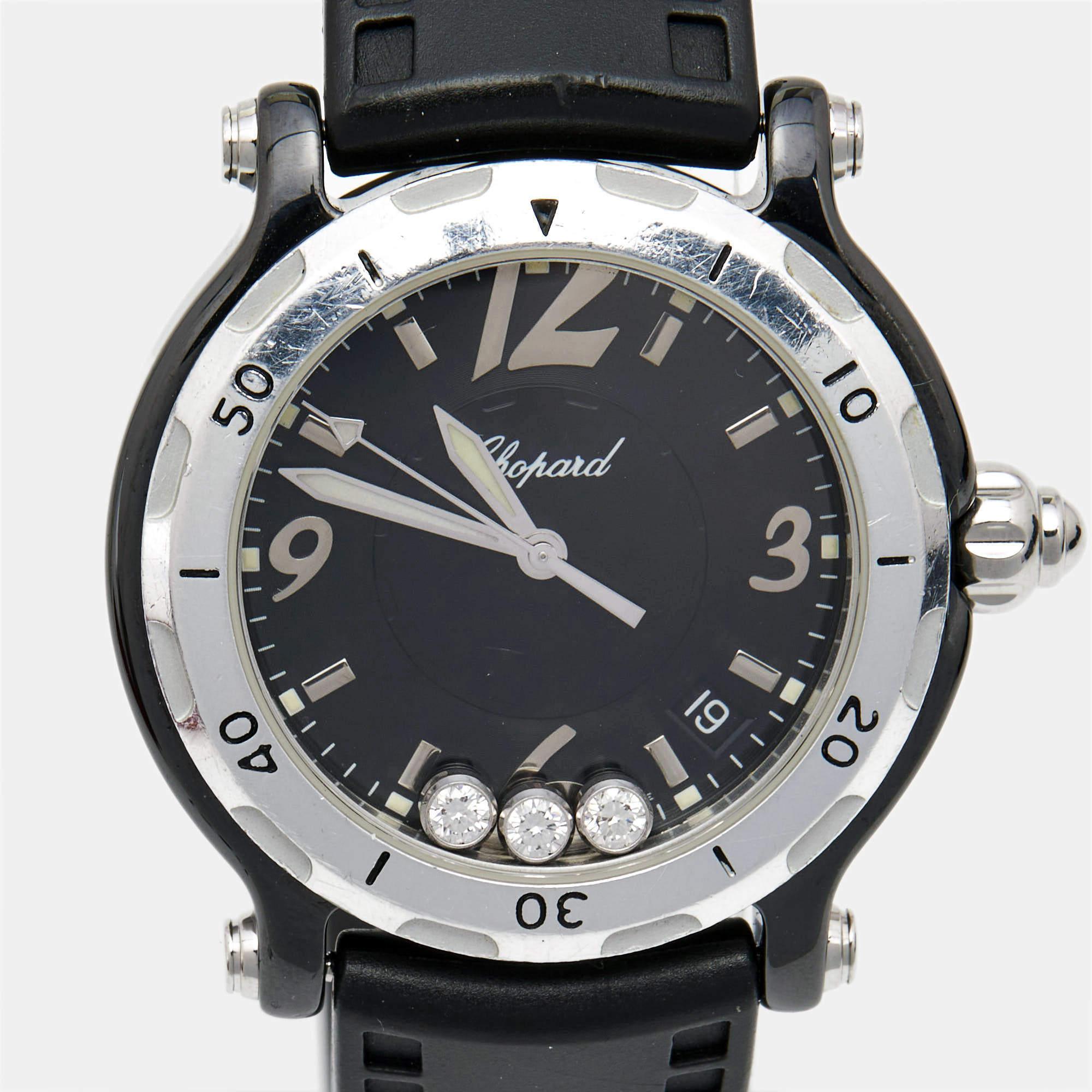Aesthetic Movement Chopard Black Ceramic Happy Sport 28/8507 Women's Wristwatch 38 mm For Sale