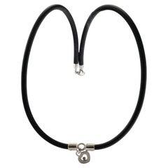 Antique Chopard Black Diamond Heart Necklace Charm 18K White Gold Rubber Cord
