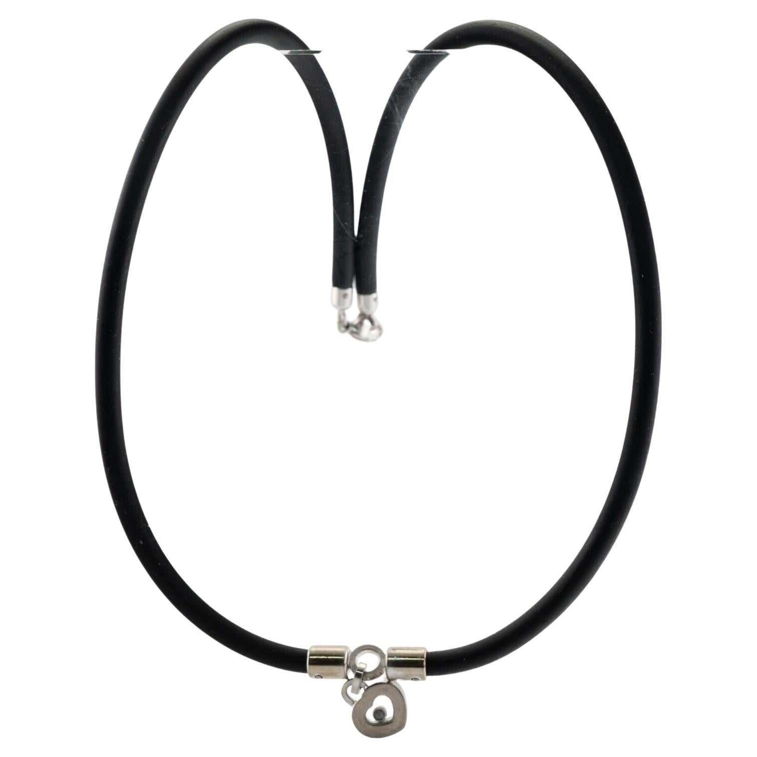 Chopard Black Diamond Heart Necklace Charm 18K White Gold Rubber Cord For Sale
