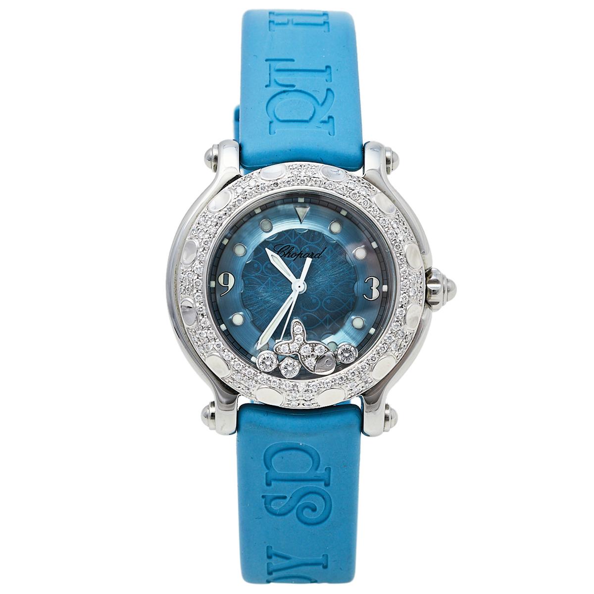 Chopard Blue Diamonds Rubber Happy Sport 27/8921 Quartz Women's Wristwatch 32MM