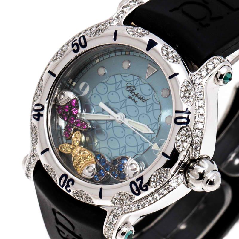 Contemporary Chopard Blue Fish Motif Stainless Steel Diamonds Women's Wristwatch 38 mm