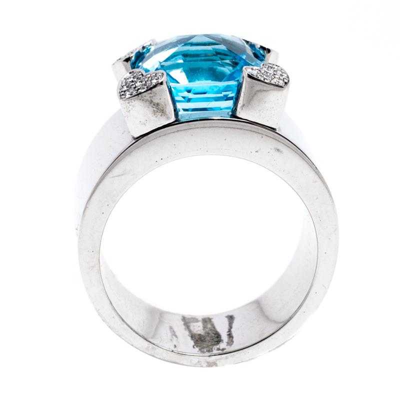 Contemporary Chopard Blue Topaz & Diamond 18k White Gold Ring Size 54.5