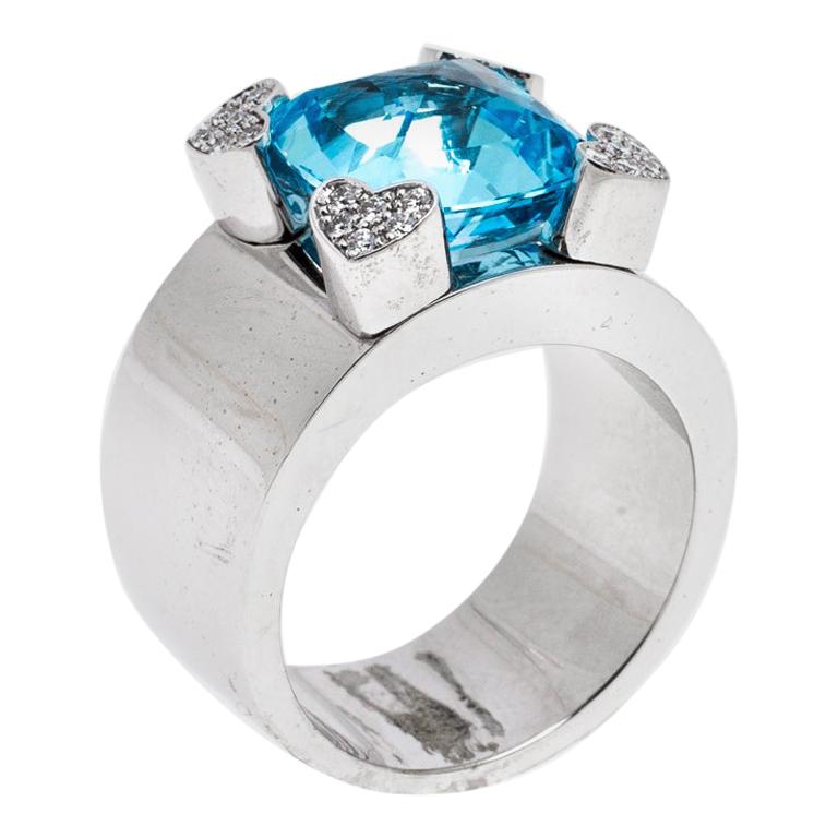 Chopard Blue Topaz & Diamond 18k White Gold Ring Size 54.5