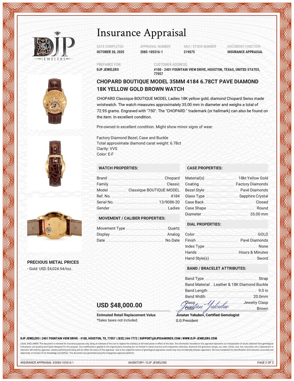 Reloj Chopard Boutique Modelo 35MM 4184 Diamante pavé de 6,78 ct Oro amarillo de 18 quilates Marrón en venta 7
