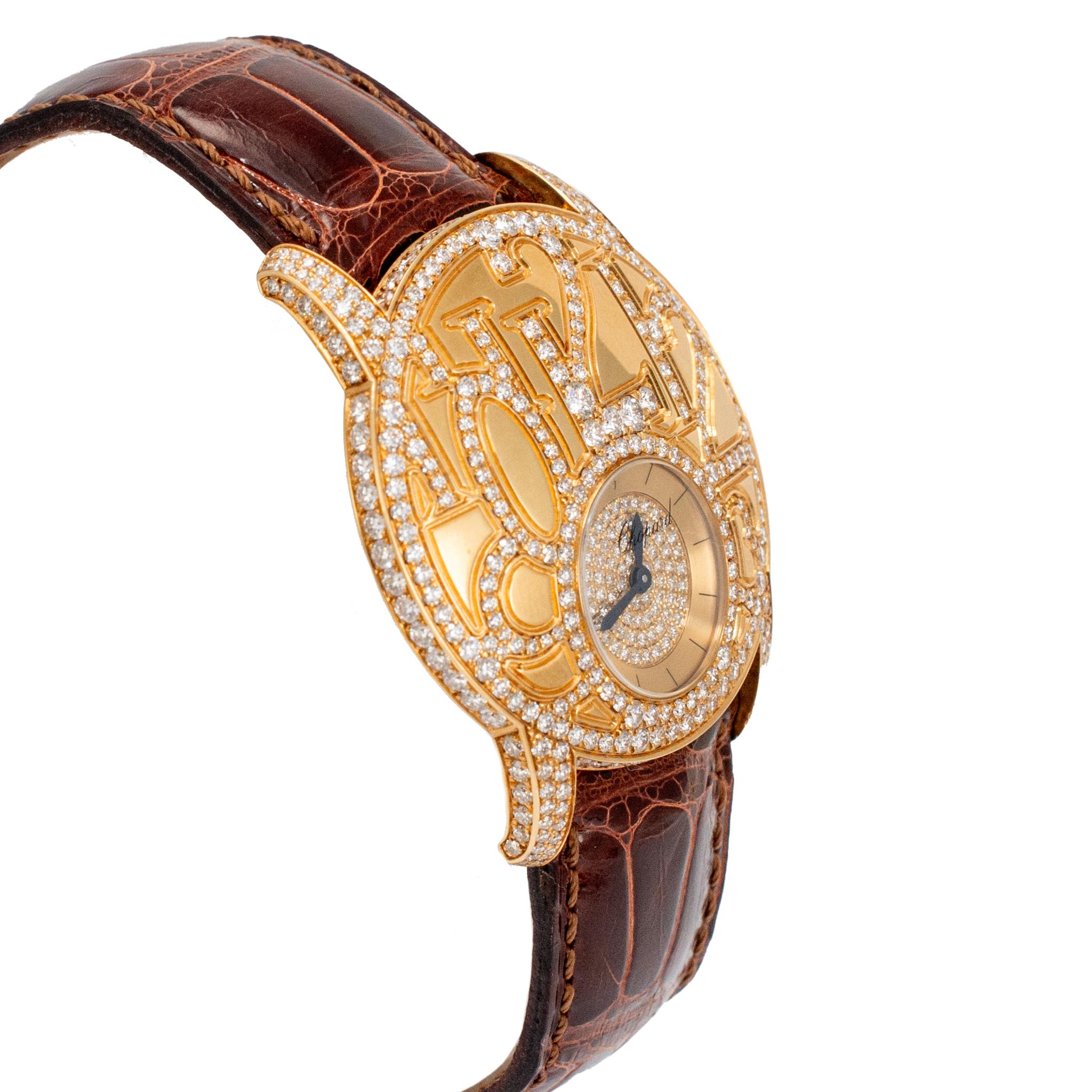 Reloj Chopard Boutique Modelo 35MM 4184 Diamante pavé de 6,78 ct Oro amarillo de 18 quilates Marrón en Excelente estado para la venta en Houston, TX