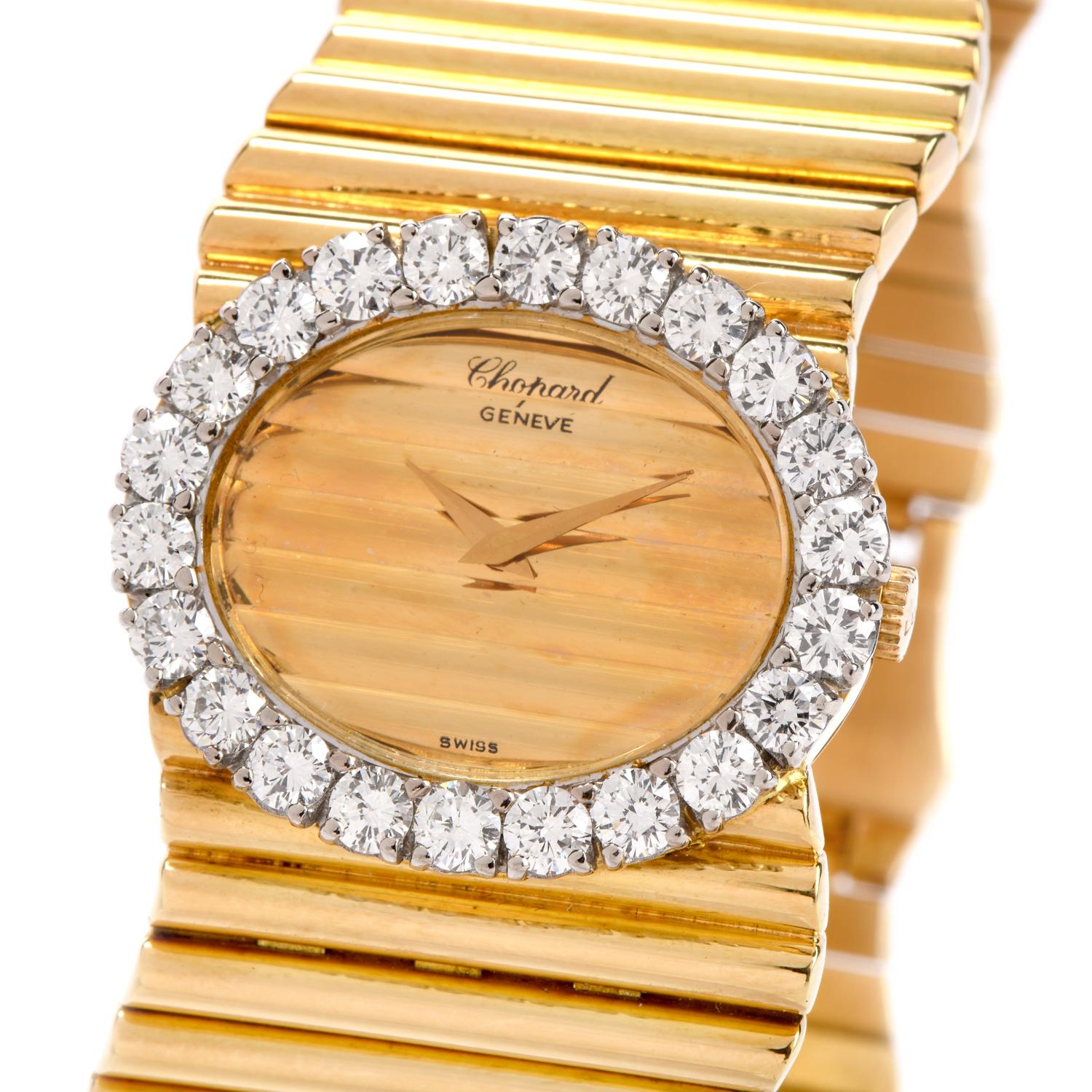 This exquisitely made Vintage 1960’s ladies Chopard diamond cocktail watch Is a must have.
This Boutique quality Chopard watch is made of luxurious 18k high polish yellow gold and
adorned with 26 diamonds around its bezel,
totaling an estimated