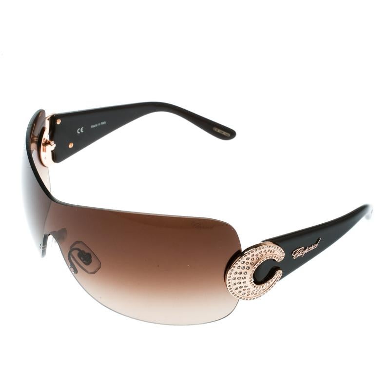 Chopard Brown/Brown Gradient SCH 939S Crystal Embellished Shield Sunglasses In Good Condition In Dubai, Al Qouz 2