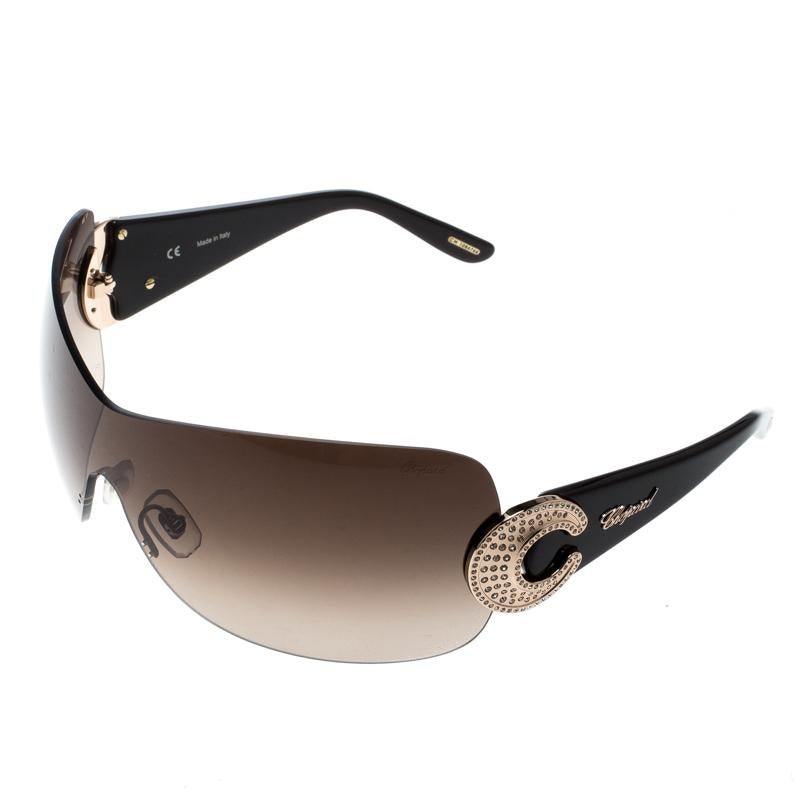 Black Chopard Brown Gradient SCH939S Crystal Embellished Shield Sunglasses