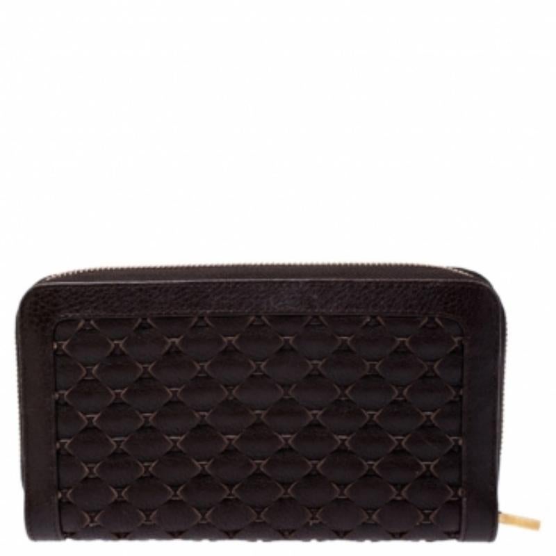 Nero Chopard Portafoglio continentale con zip in pelle marrone intrecciata in vendita