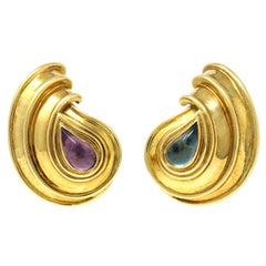 Retro Chopard Casmir 18 Karat Yellow Gold Amethyst and Aquamarine Clip-On Earrings