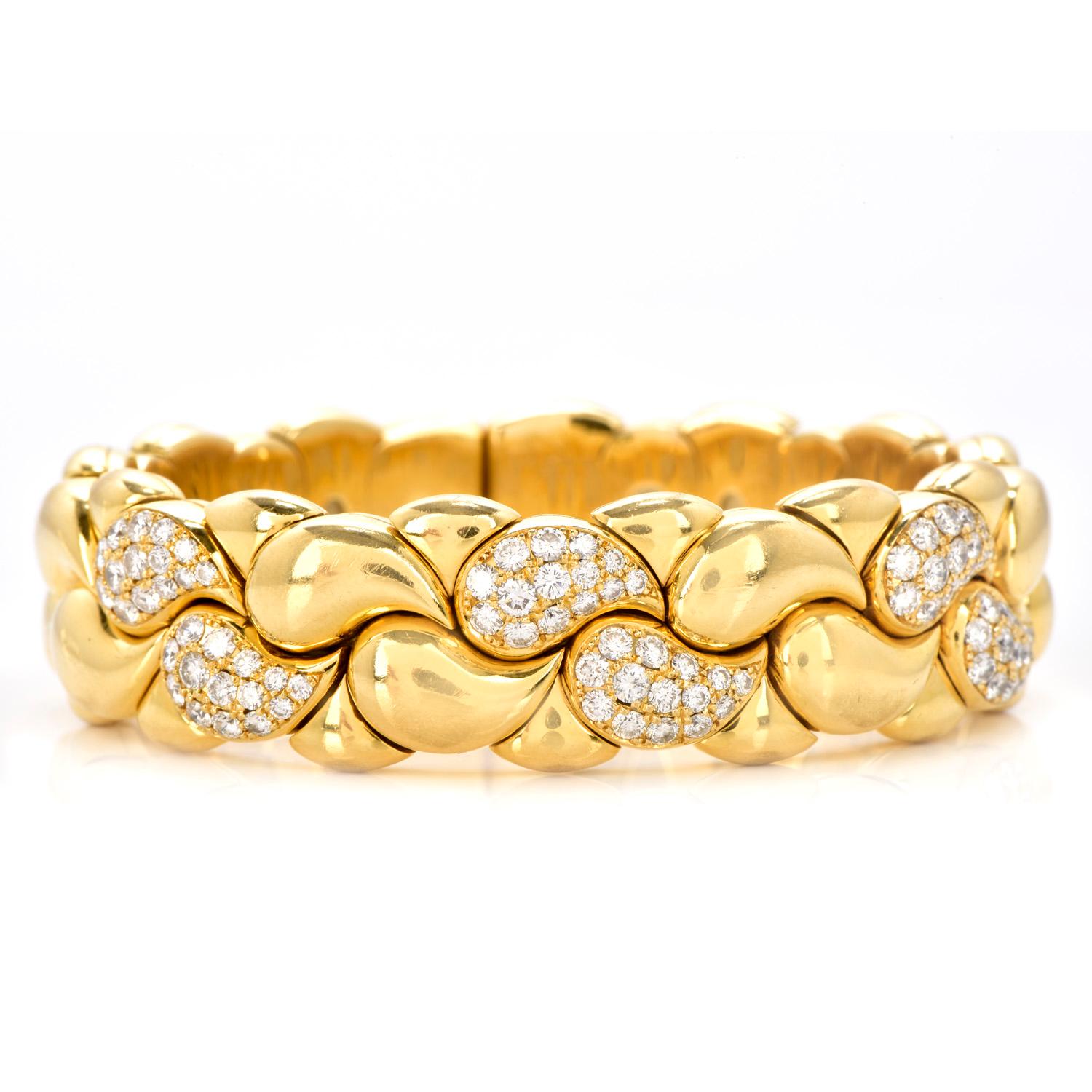 This is an exquisite Chopard Casmir Diamond 18K Gold Braided Designer

cuff bangle Bracelet is flexible and the perfect complement for any ensemble weighing approximately 114.9 grams.

Expertly crafted in solid heavy 18K yellow gold, featuring (84)