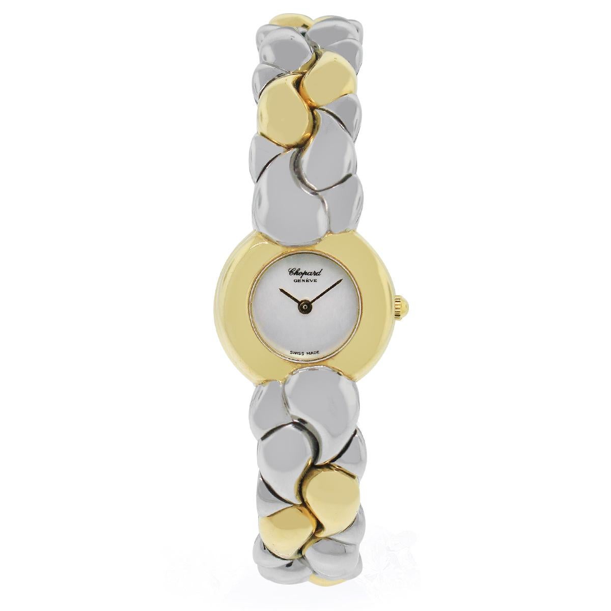 Brand: Chopard
Model: Casmir
Case Material: 18k Yellow Gold
Case Diameter: 24mm
Bezel: Smooth 18k yellow gold
Dial: White dial with gold hour and minute hands
Bracelet: Stainless steel and 18k yellow gold bracelet
Size: 6