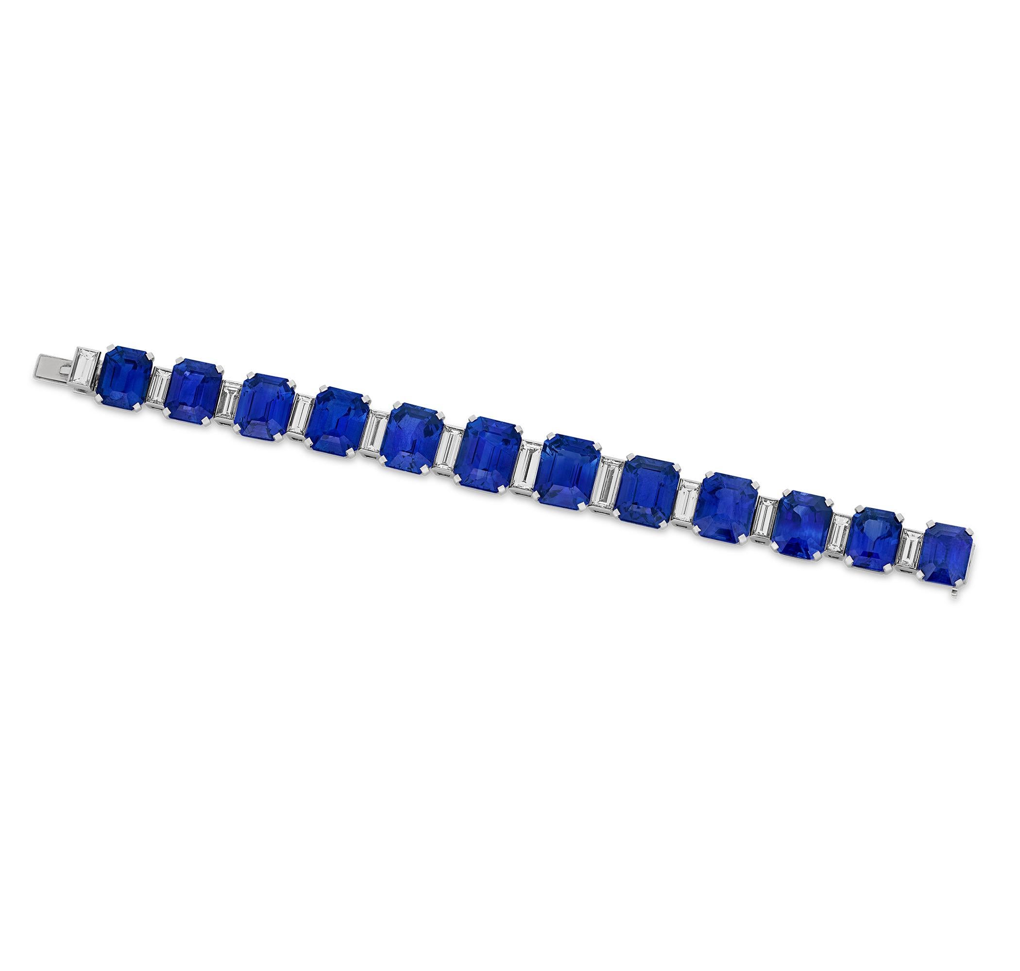 This stunning bracelet features a monumental 85.53 carats of vivid royal blue Ceylon sapphires, each certified by the GRS as hailing from its prestigious origin. Designed by esteemed Swiss jewelers Chopard, this bracelet makes a bold yet elegant