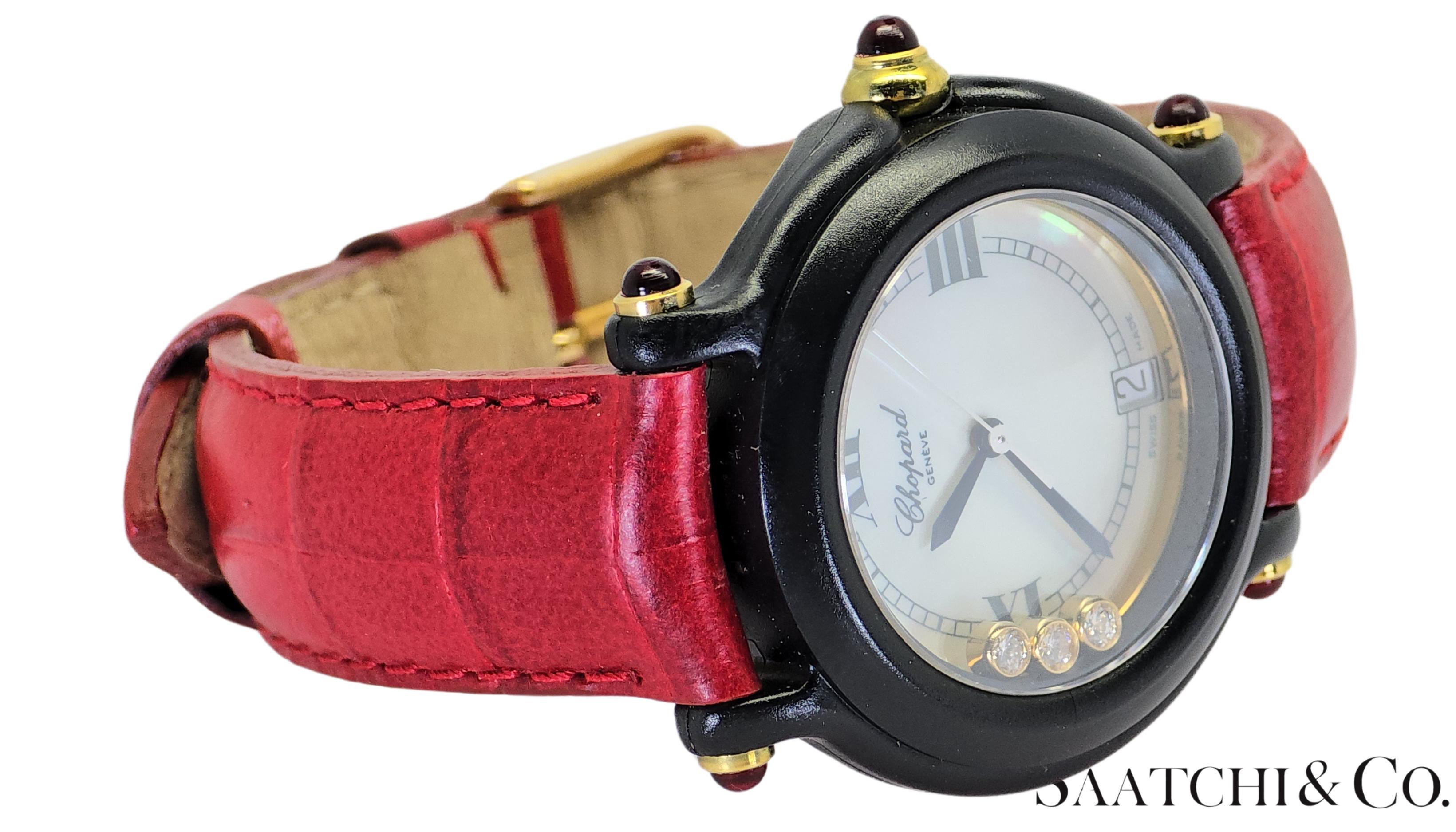 Chopard Wrist Watch; Happy Sport - Be Happy



Brand: Chopard
Watch Type: Adult Unisex
Model: Chopard Happy Sport
Ref: 9544/9999
Display: Analog
Case Size: 32mm
Movement: Quartz
1)
Diamond: Natural Diamond
Diamond Color: D-E Top-Quality
Diamond