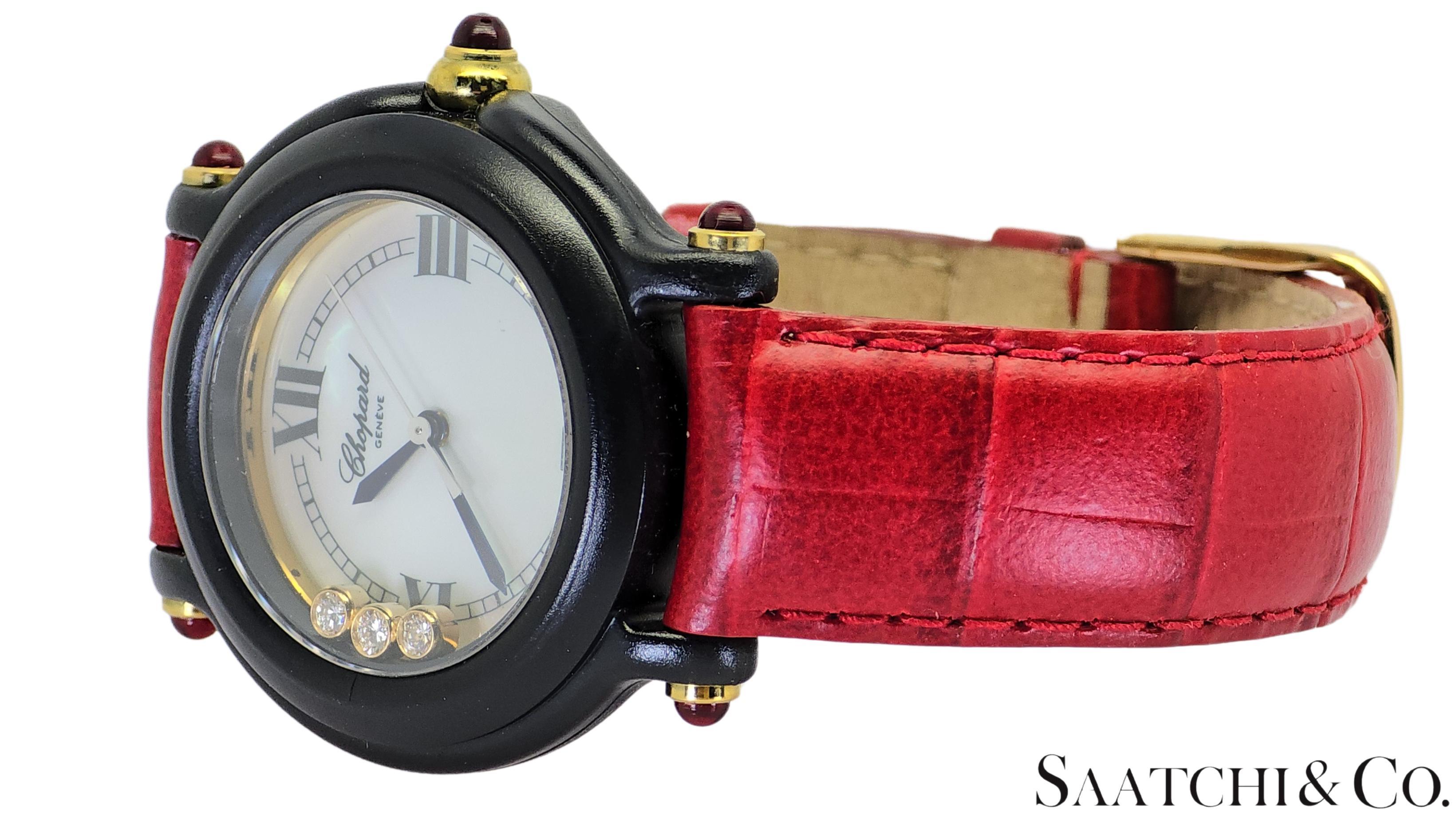Contemporary [CHOPARD] Chopard Happy Sports 3P Diamond Leather Red Sapphire R. 9544/9999 32mm For Sale