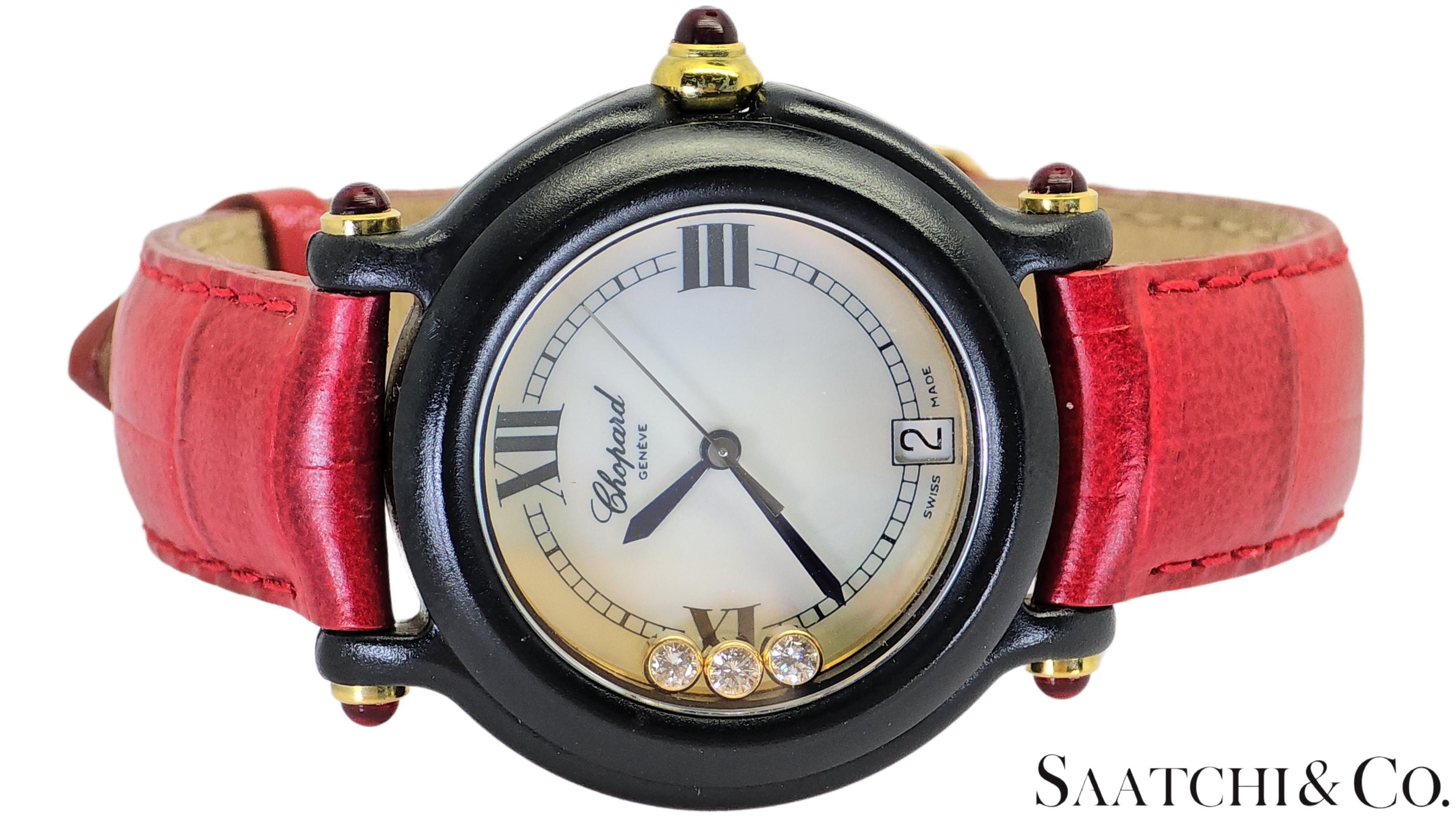 Round Cut [CHOPARD] Chopard Happy Sports 3P Diamond Leather Red Sapphire R. 9544/9999 32mm For Sale