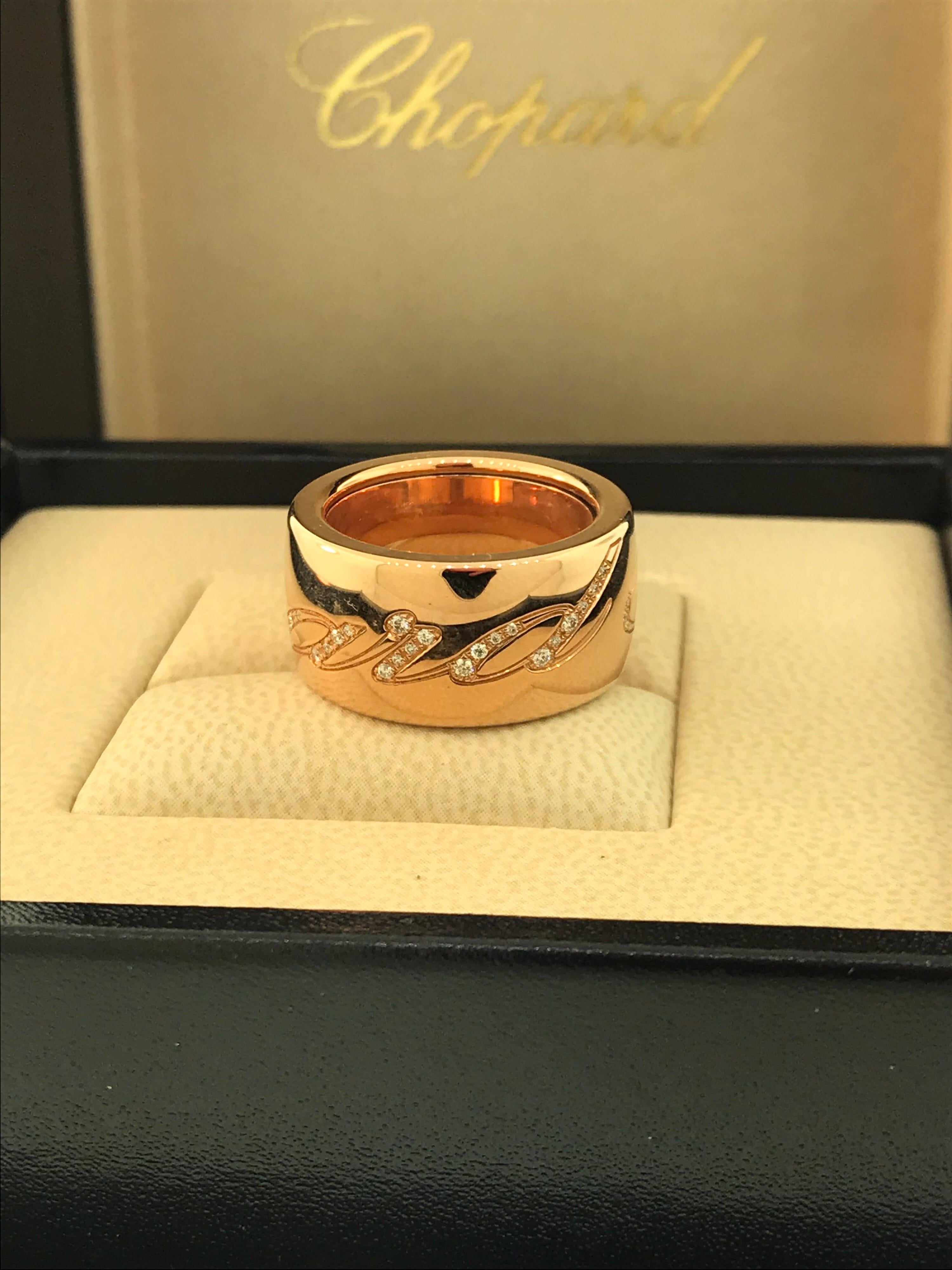Chopard Chopardissimo Diamond Ring

Model Number 82/6580-5208

100% Authentic

Brand New

Comes with original Chopard Box, Certificate of Authenticity and Warranty, and Jewels Manual

18 Karat Rose Gold

Size 5.5 (51)

76 DIAMONDS ON THE RING (.28