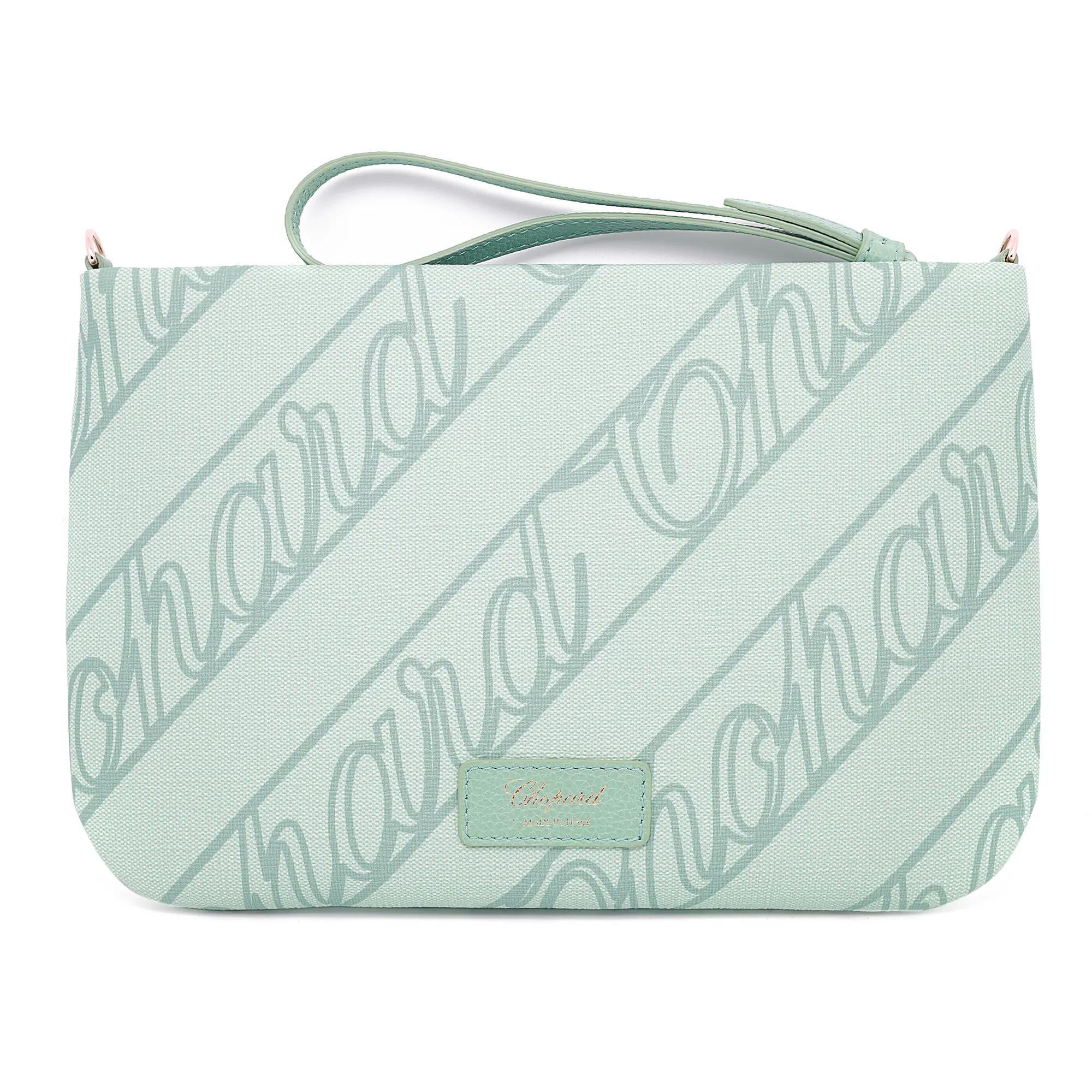 Elegant and ultrathin and functional Chopard Chopardissimo pouch, this Classic pouch comes with top zipper with inner slip pocket. The mint green canvas is decorated with the Chopard C monogram. Gold tone hardware. Measurement: Length: 9.5inches x
