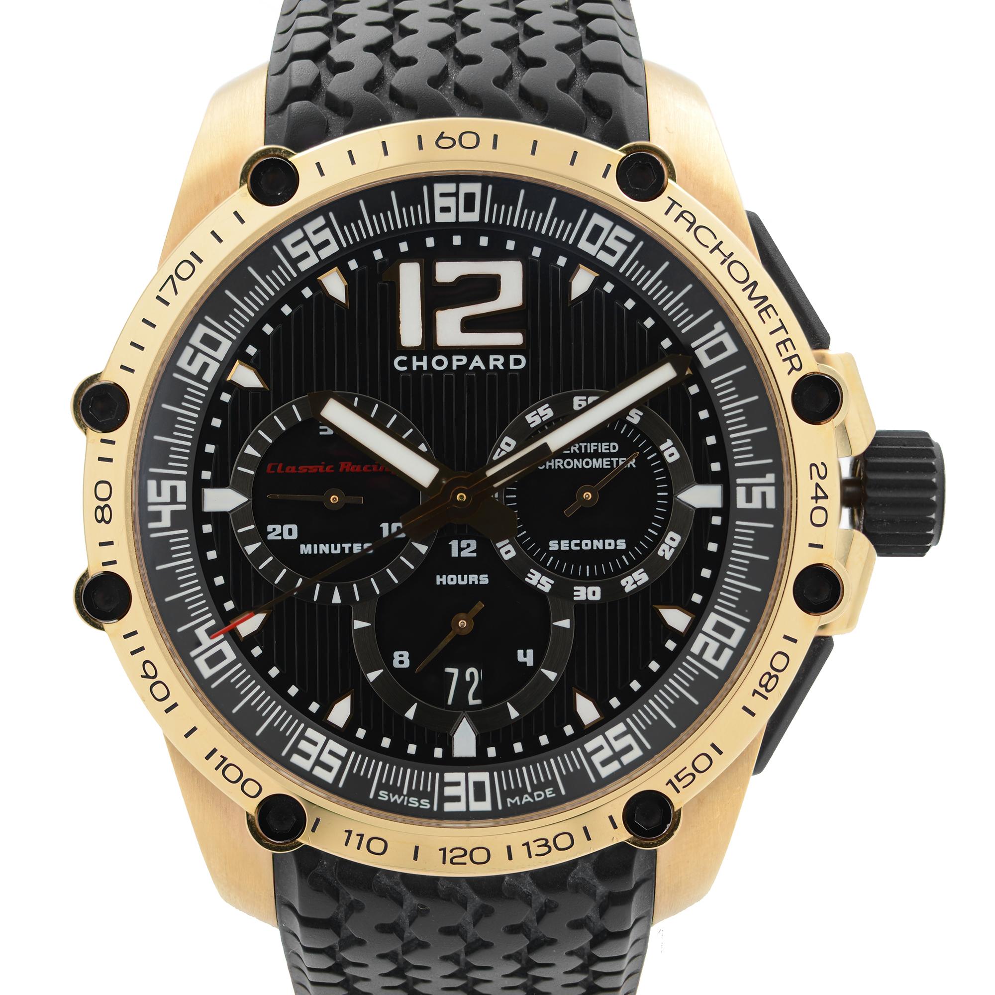Pre Owned Chopard Classic Racing Limited Edition 18K Rose Gold Black Dial Men's Watch 1276. This Beautiful Timepiece is Powered by Mechanical (Automatic) Movement And Features: Round 18k Rose Gold Case with a Black Rubber Strap, Fixed 18k Rose Gold