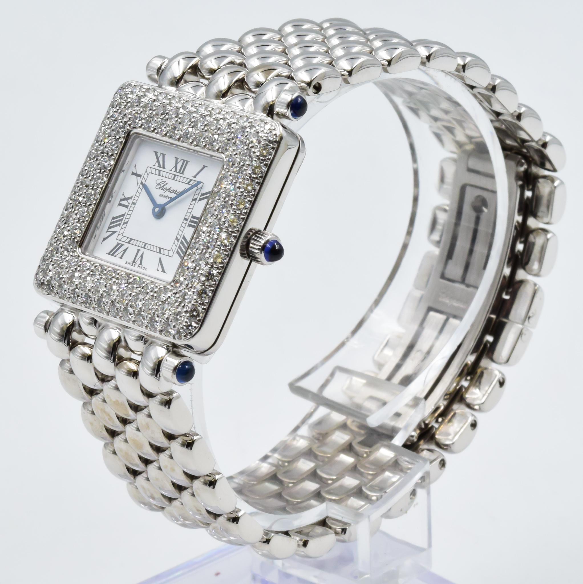 This Chopard Classic Square was recently traded in to our store and we have sent it in to Chopard for a service and polish of the white gold.  This piece is made from 18k white gold and has a beautiful diamond covered bezel to add a luxurious flair.