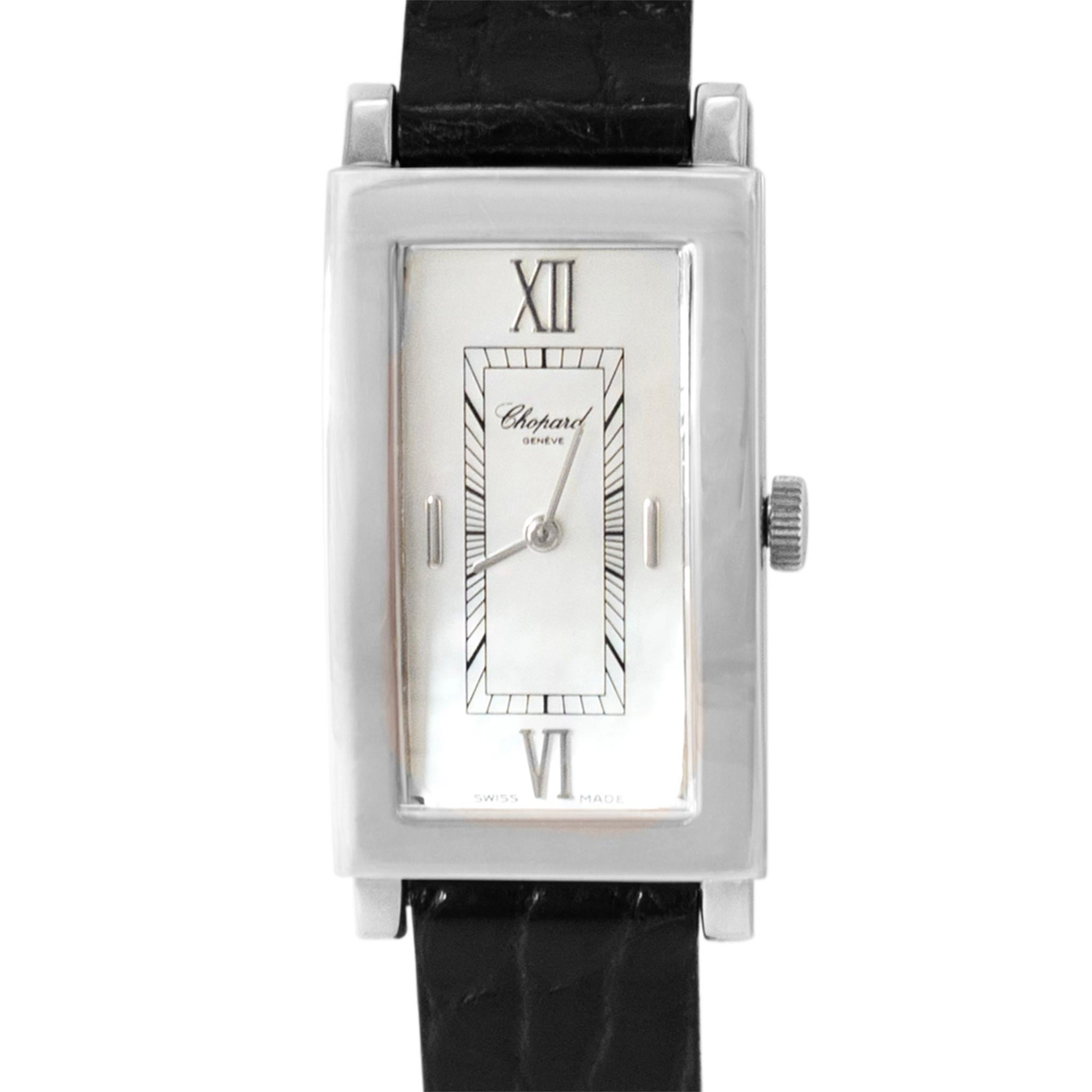 Brand: Chopard

Gender: Ladies

Metal Type: 18K White Gold

Diameter: 18.00 mm

Height: 30.00 mm

Weight: 40.10 grams

Ladies 18K White Gold mother of pearl Chopard Swiss made watch with original box. The metal was tested and determined to be 18K