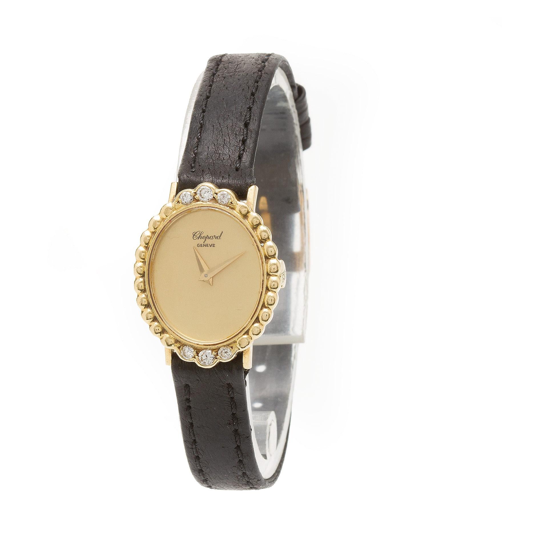 Ladies Chopard Classic Oval in 18k with diamonds accents on the bezel on leather strap. Manual. 20mm case size. Ref SG 3579 1. Circa 70s. Fine Pre-owned Chopard Watch.

Certified preowned Vintage Chopard Classic SG 3579 1 watch is made out of yellow