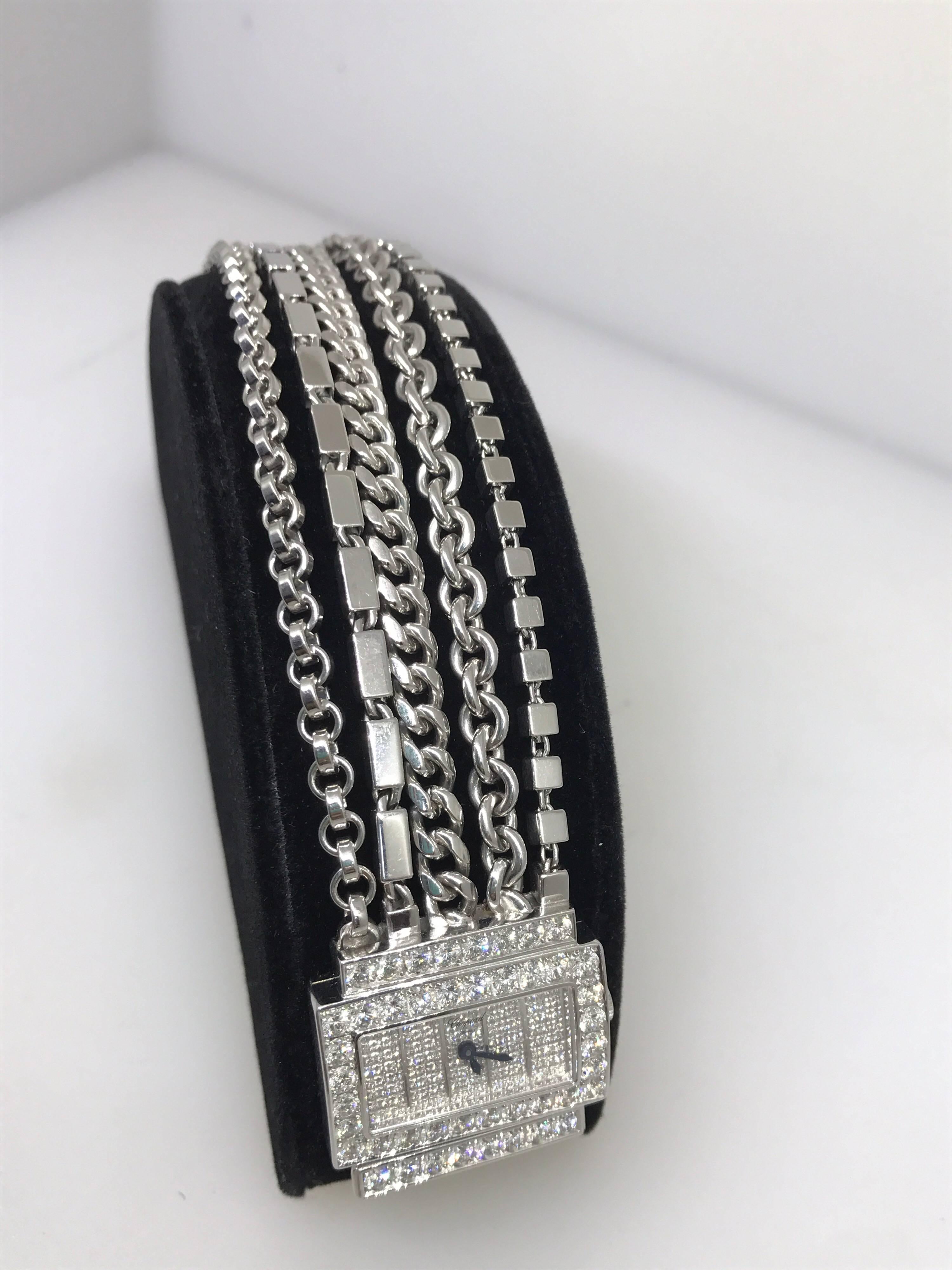 Chopard Classique 18 Karat White Gold Pave Diamond Chains Bracelet Ladies Watch For Sale 1