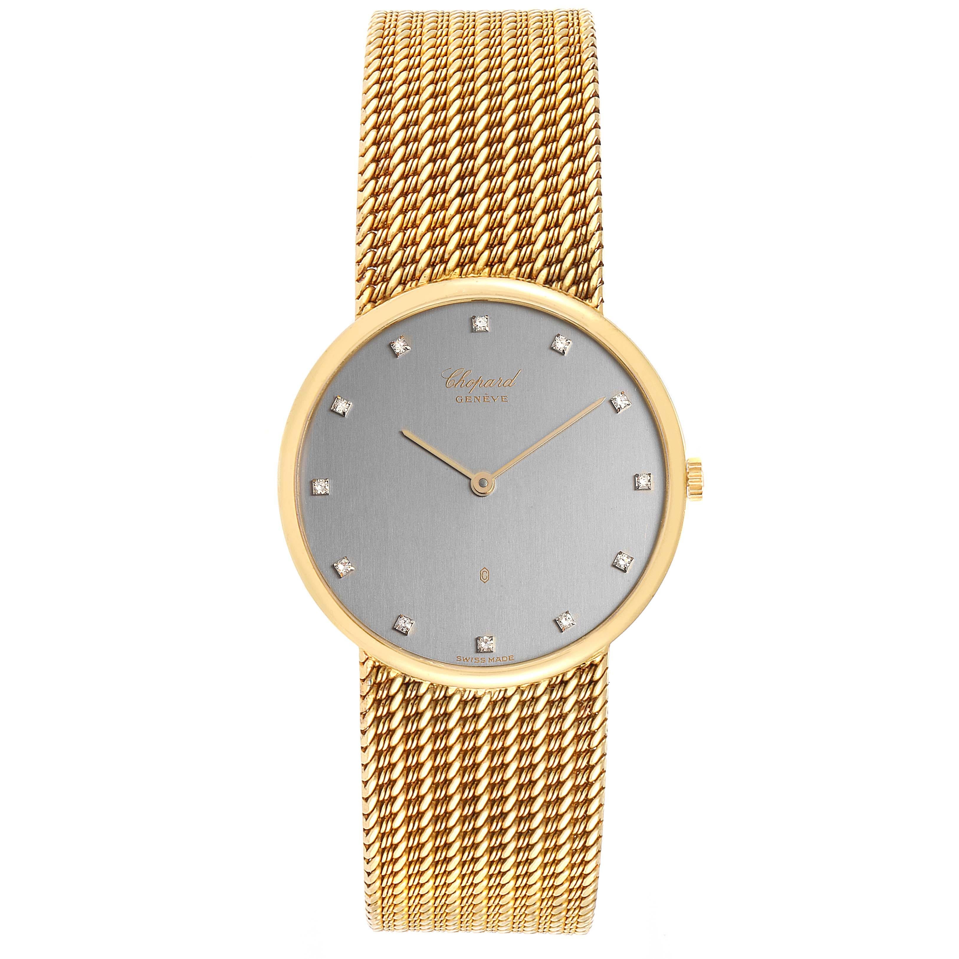 Chopard Classique 18K Yellow Gold Quartz Mens Watch 1091. Quartz movement. 18K yellow gold case 31 mm in diameter. . Mineral glass crystal. Grey dial with diamond hour markers. 18K yellow gold integrated bracelet. Fits 7.5